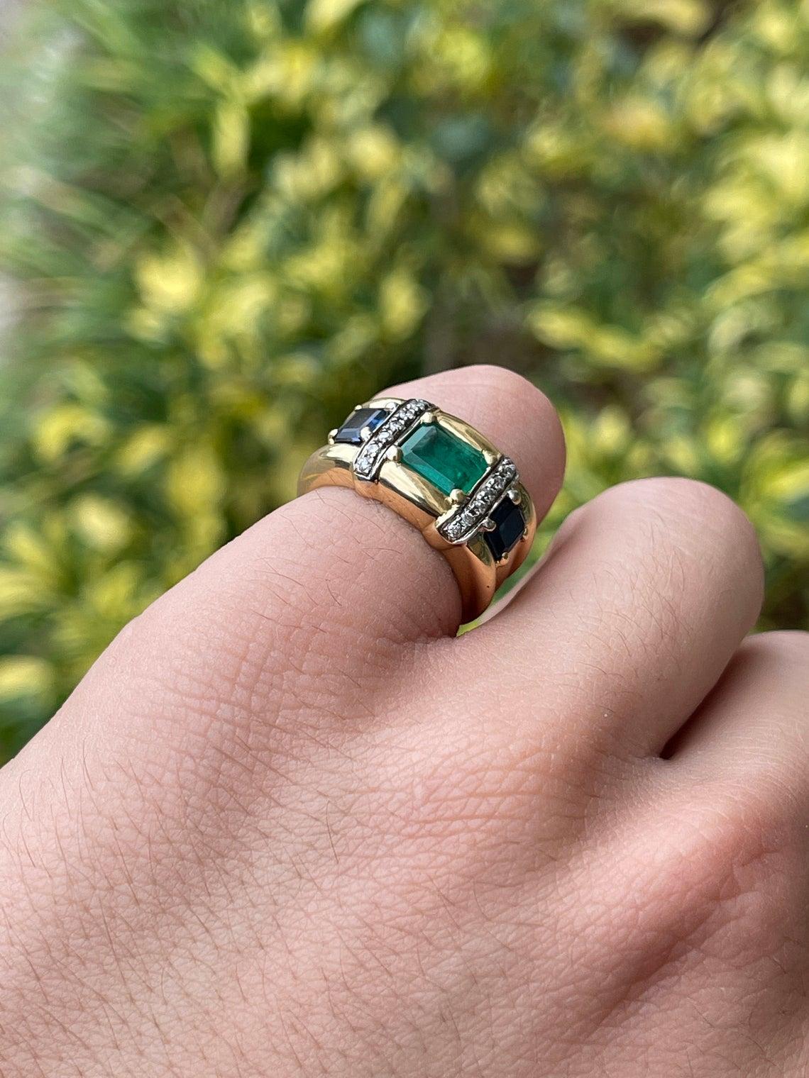 Emerald Cut 2.78tcw 18K Colombian Emerald, Blue Sapphire, & Diamond 14K Gold Ring