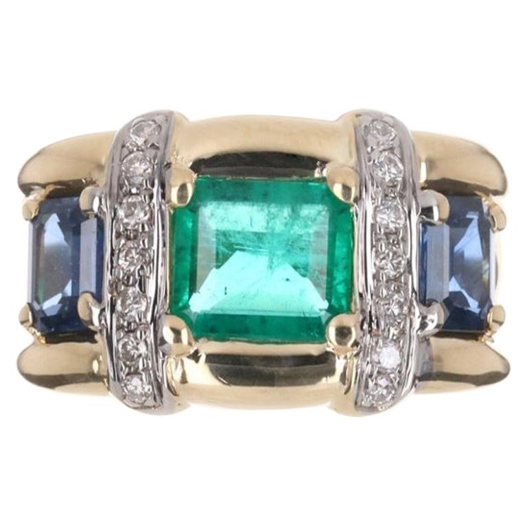2.78tcw 18K Colombian Emerald, Blue Sapphire, & Diamond 14K Gold Ring