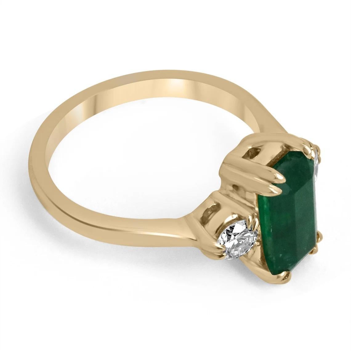 A classic emerald and diamond engagement, statement, or right-hand ring. Dexterously handcrafted in gleaming 18K gold this ring features a rare dark 2.30-carat natural emerald-emerald cut. Set in a secure prong setting, this extraordinary emerald