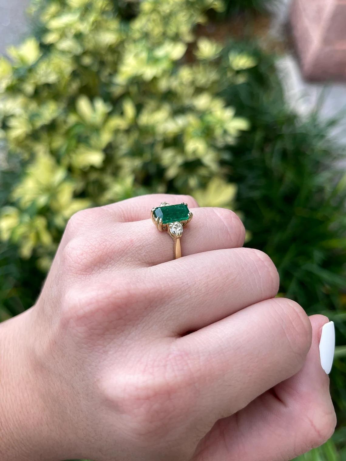 Art Nouveau 2.78tcw 18K Dark Alpine Green Emerald Cut Emerald & Diamond 3 Stone Engagement  For Sale