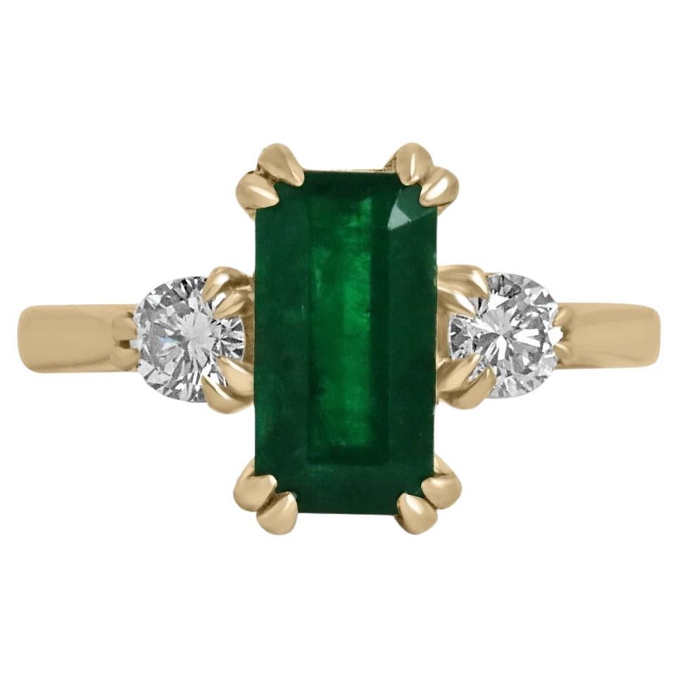 2.78tcw 18K Dark Alpine Green Emerald Cut Emerald & Diamond 3 Stone Engagement  For Sale