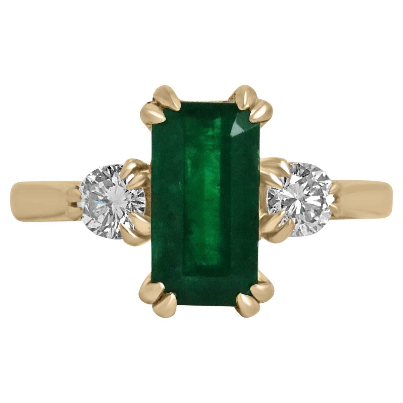 2.78tcw Natural Emerald-Emerald Cut & Brilliant Round Cut Diamond Ring 18K For Sale