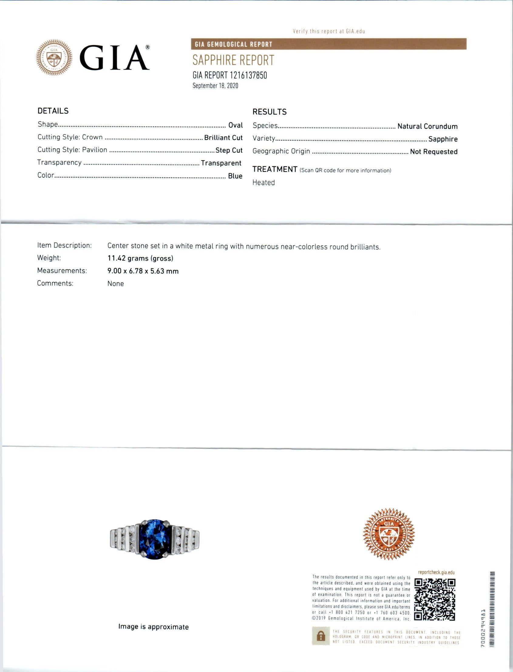 GIA Certified 2.79 Carat Blue Oval Sapphire Diamond Platinum Engagement Ring For Sale 4