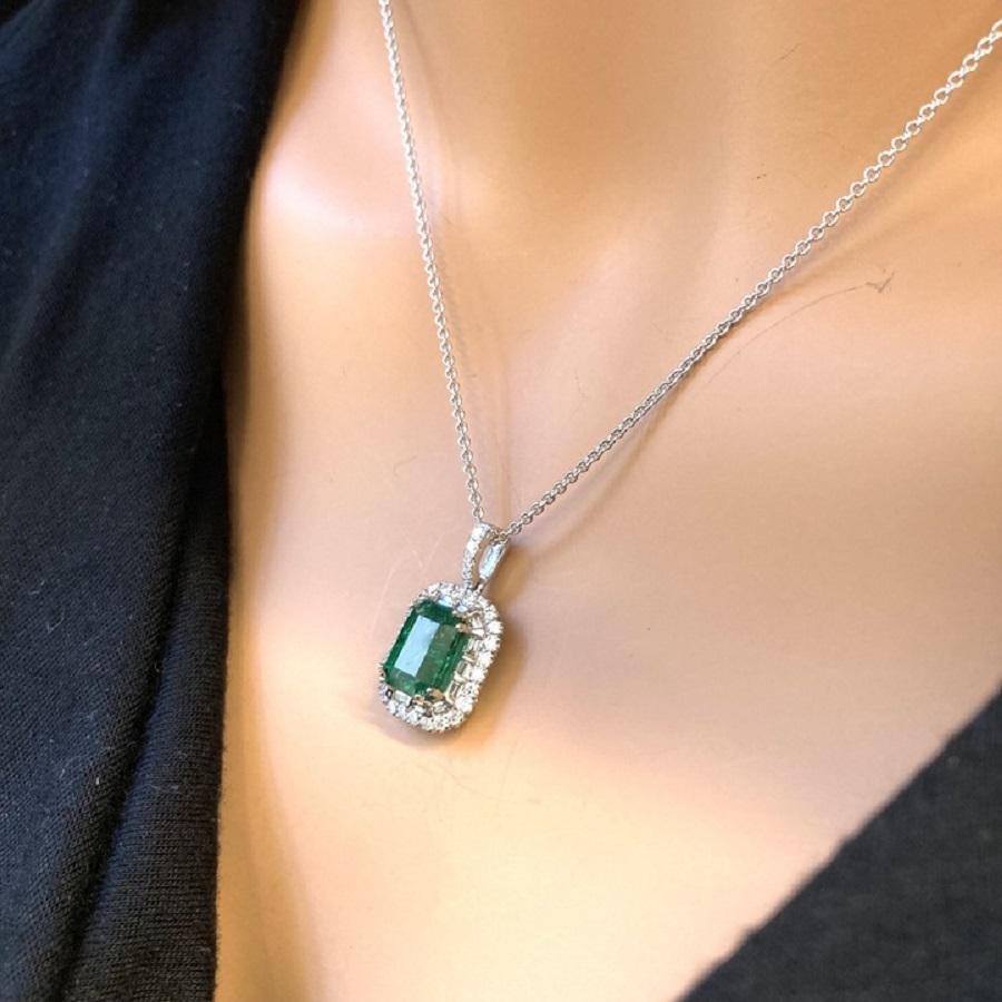 2.79 Carat Emerald Shape Green Emerald & Diamond Pendants In 18k White Gold  In New Condition For Sale In Chicago, IL