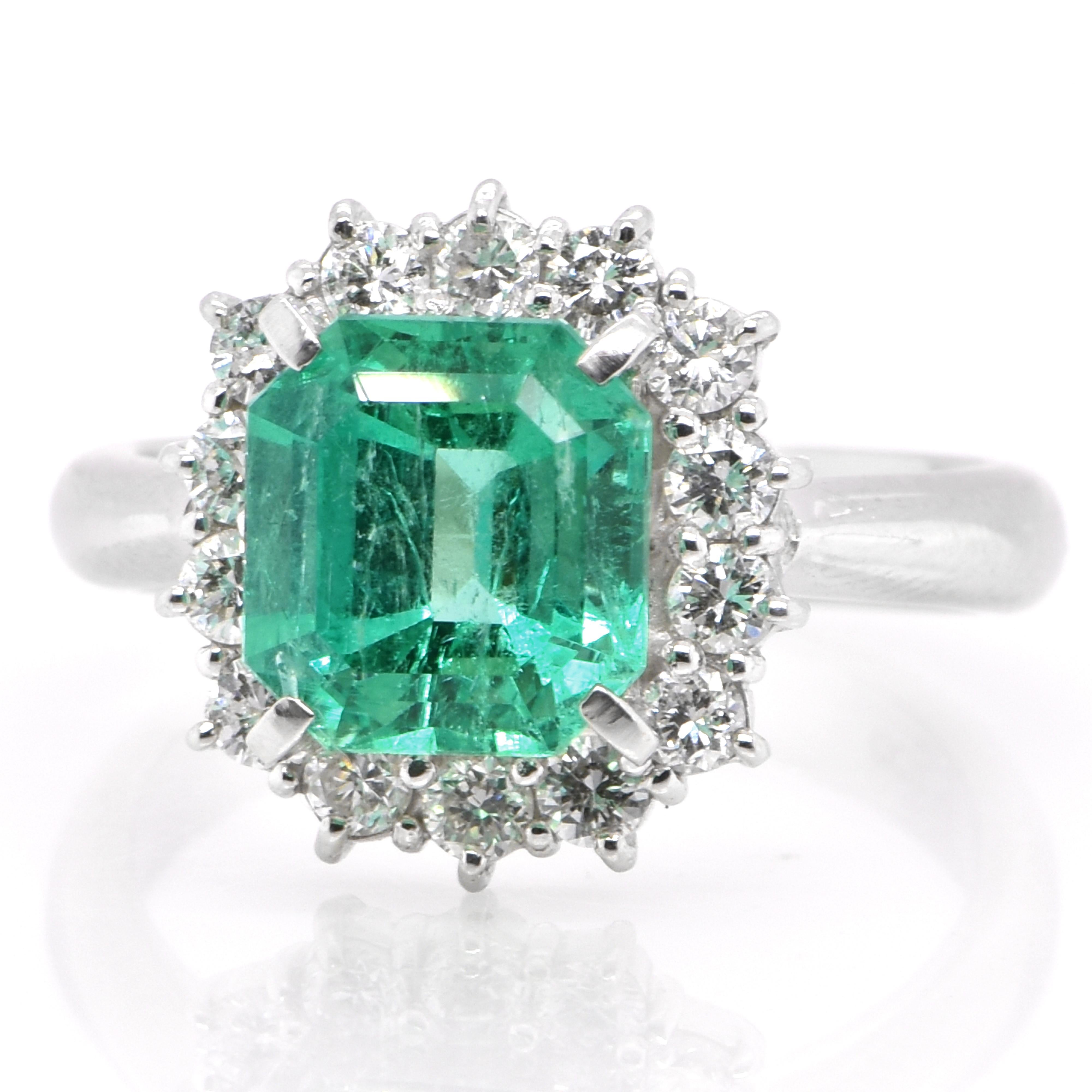 A stunning ring featuring a 2.79 Carat Natural Colombian Emerald and 0.67 Carats of Diamond Accents set in Platinum. People have admired emerald’s green for thousands of years. Emeralds have always been associated with the lushest landscapes and the