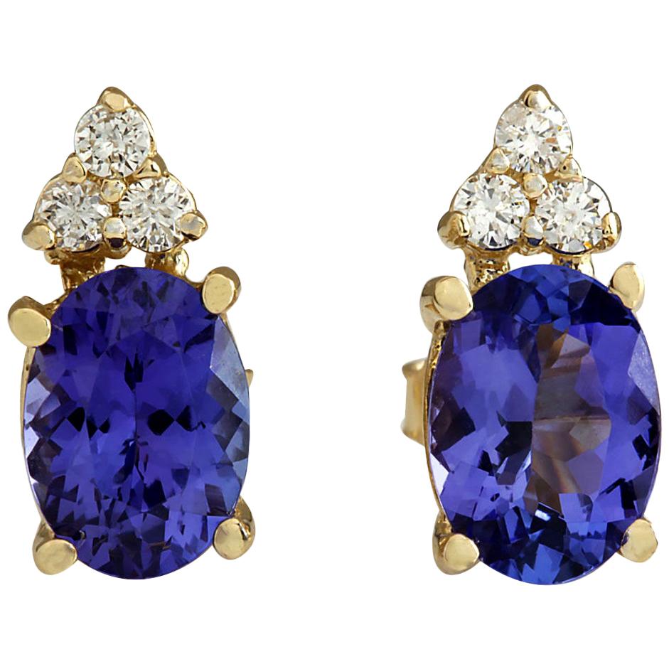 Natural Tanzanite Diamond Earrings In 14 Karat Yellow Gold  For Sale