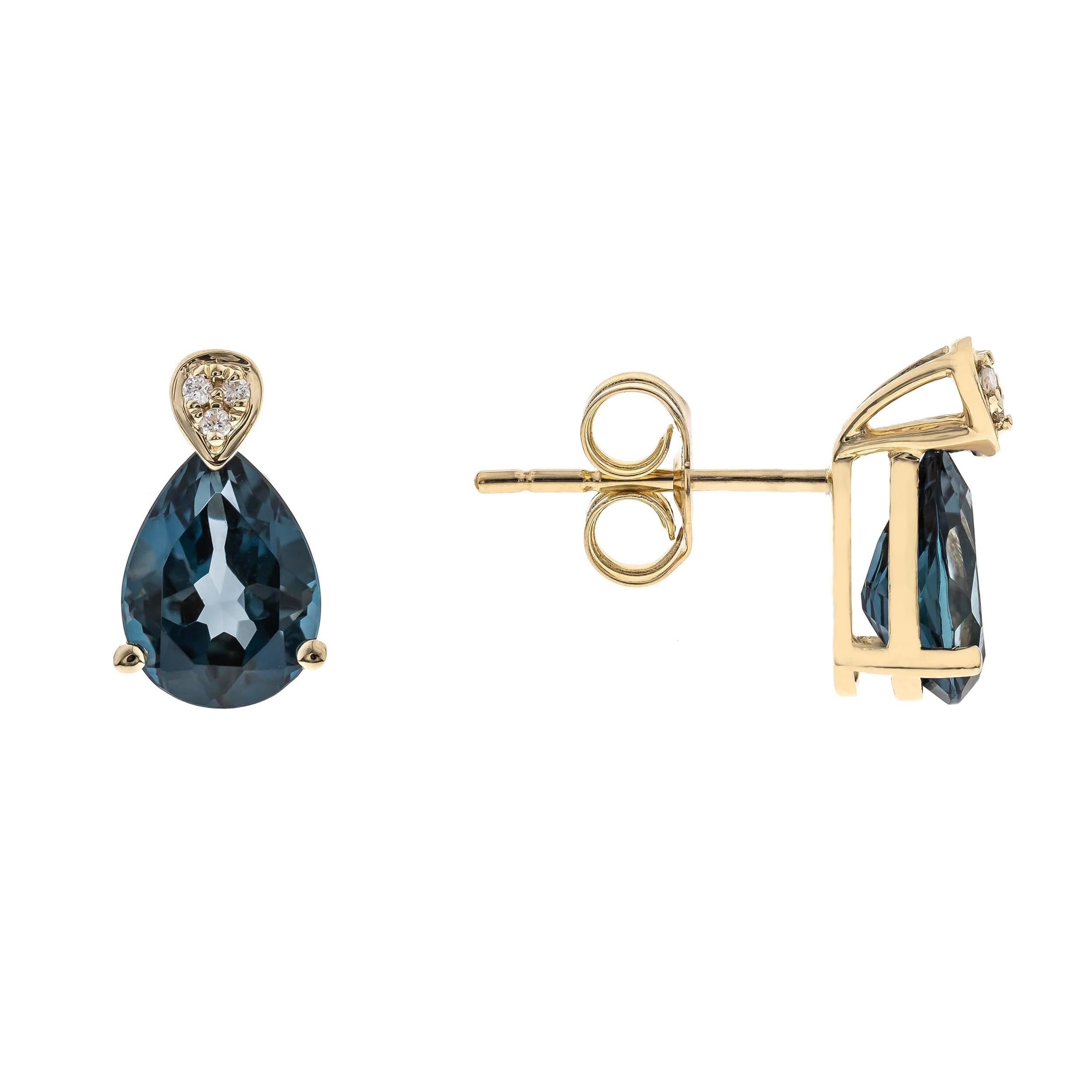 Decorate yourself in elegance with this Earring is crafted from 10-karat Yellow Gold by Gin & Grace Earring. This Earring is made up of 8x6 mm Pear-cut (2 pcs) 2.79 carat London Blue Topaz and Round-cut White Diamond (6 pcs) 0.02 carat. This Earring