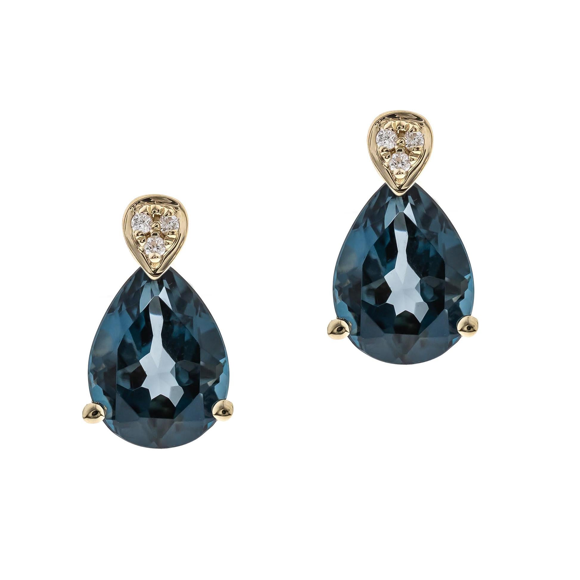 Art Deco 2.79 Carat Pear-Cut London Blue Topaz Diamond Accents 10K Yellow Gold Earring