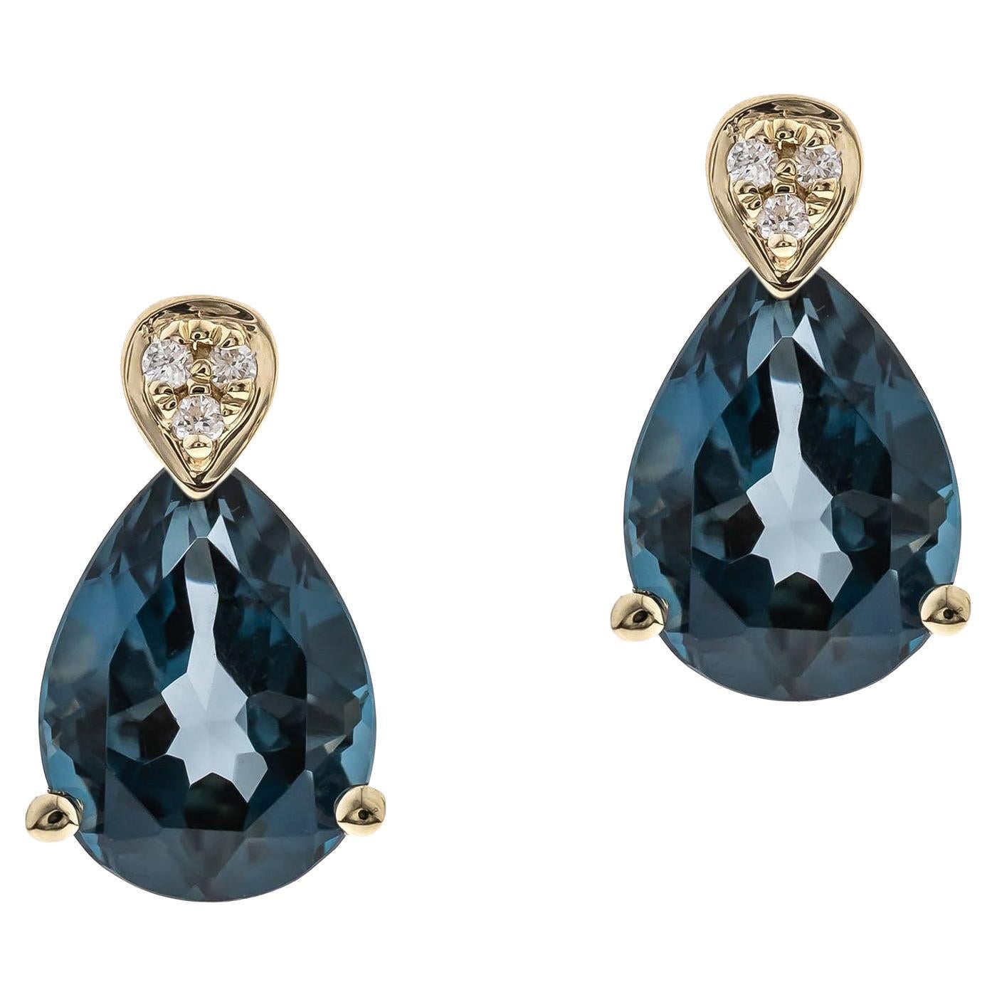 2.79 Carat Pear-Cut London Blue Topaz Diamond Accents 10K Yellow Gold Earring For Sale