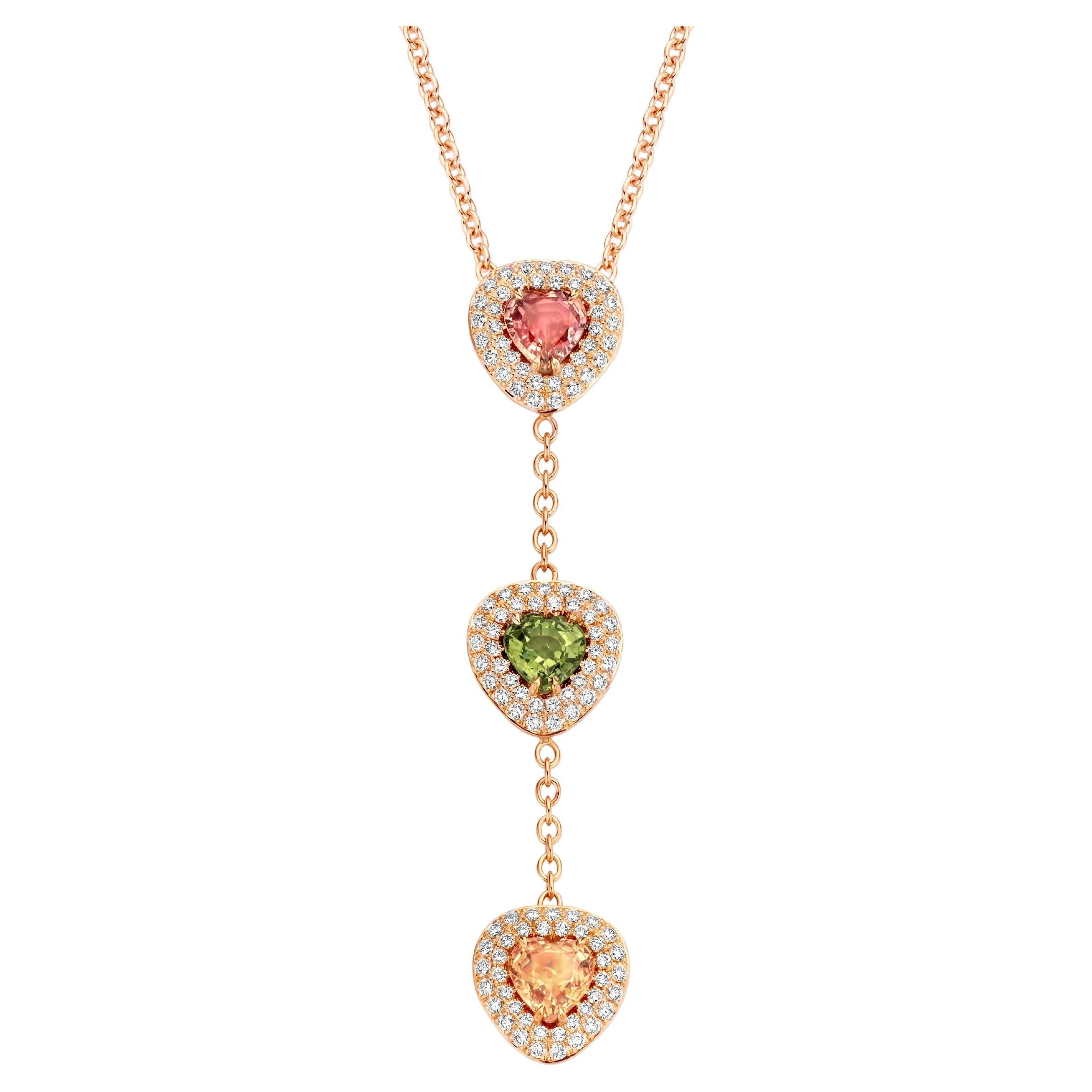Collier pendentif en diamants 18 carats et saphirs roses, verts et jaunes de 2,79 carats en vente