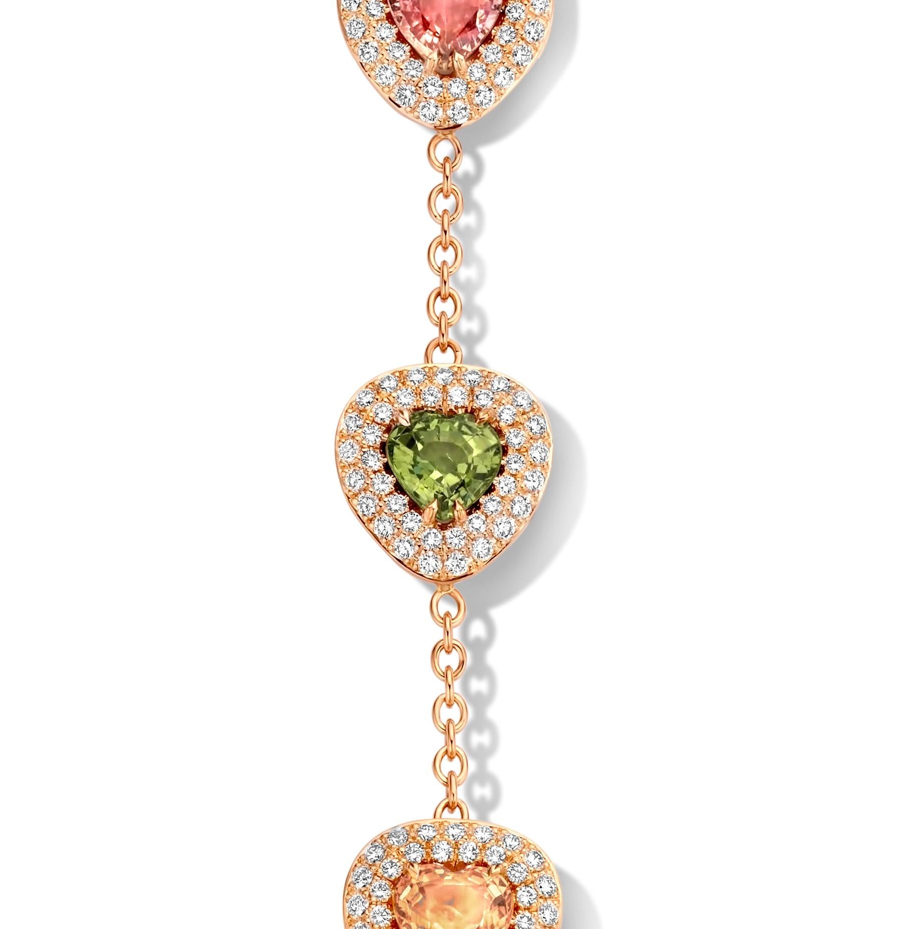 Heart Cut 2.79 Carat Pink, Green, Yellow Sapphire 18 Karat Diamond Pendant Necklace For Sale