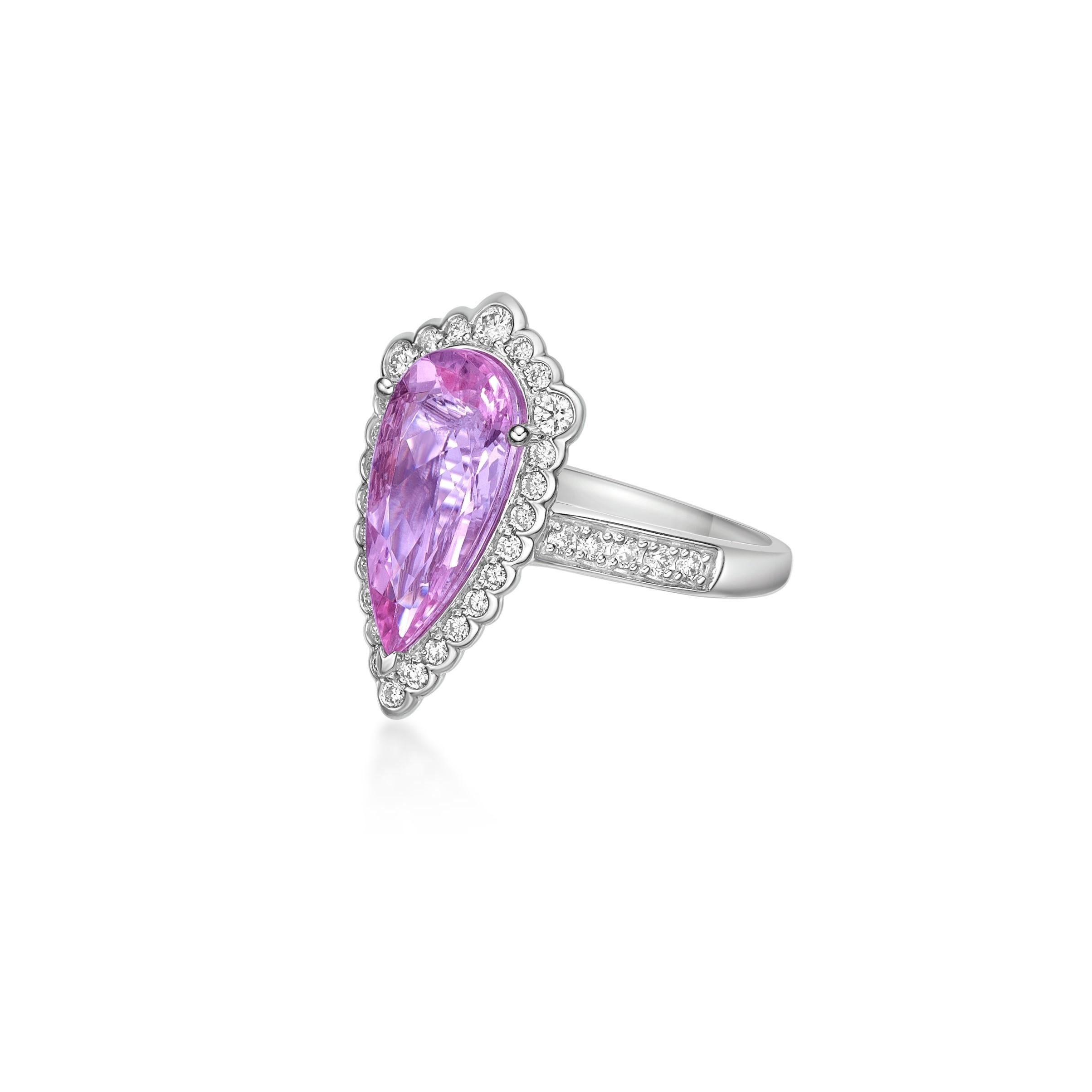 Pear Cut 2.79 Carat Pink Morganite Fancy Ring in 18Karat White Gold with White Diamond.   For Sale