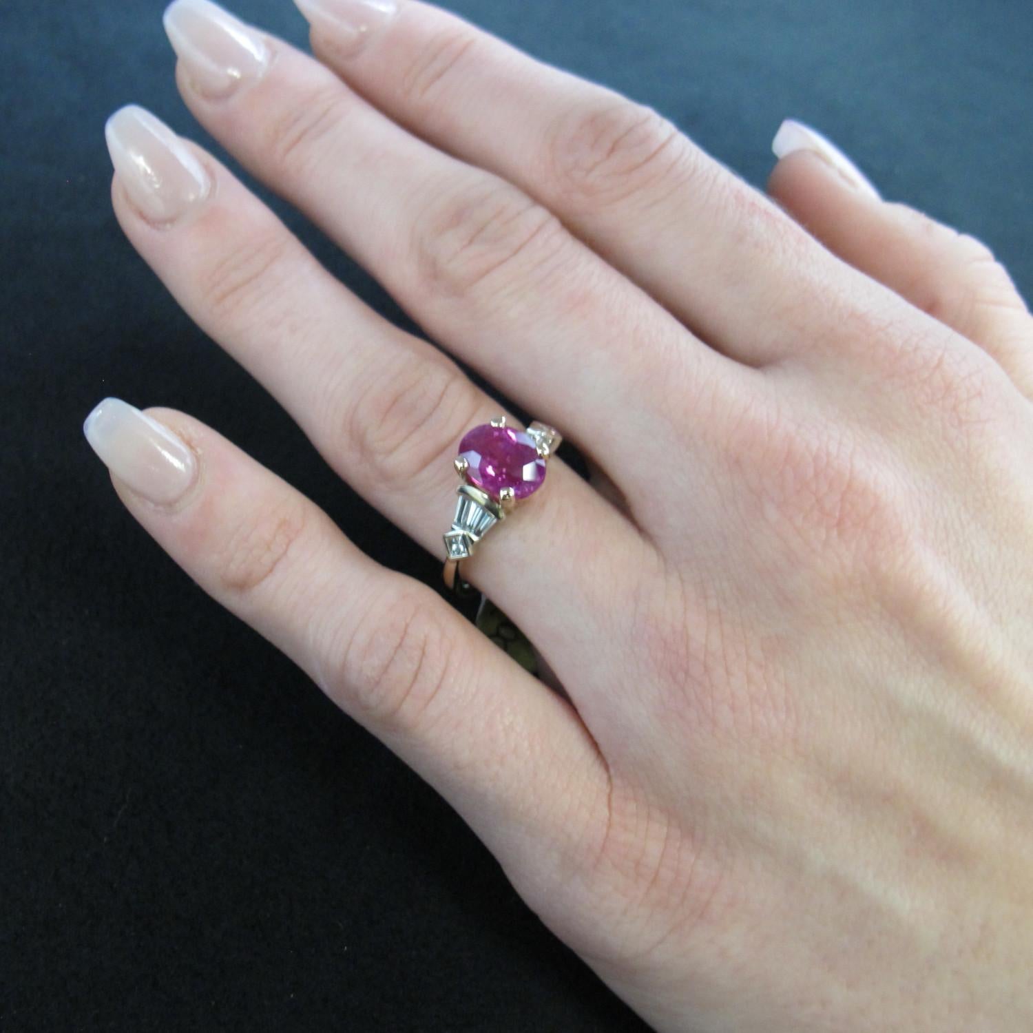 Cushion Cut Pink Sapphire and Diamond Engagement Ring in Rose and White Gold, 2.79 Carats For Sale
