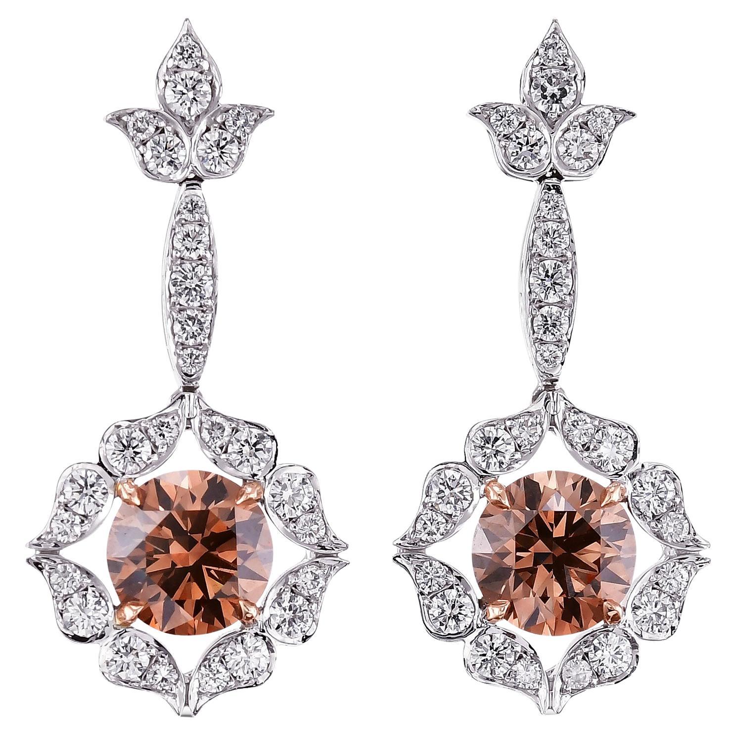 2.79 cts CS's IGI Certified Fancy Brown Round Diamond Drop Halo Earrings For Sale