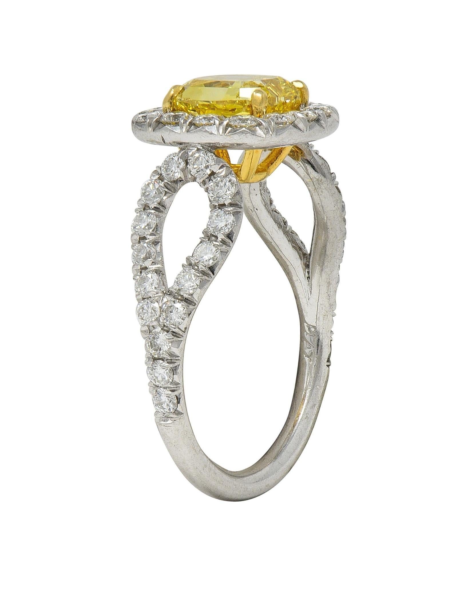 2.79 CTW Fancy Yellow Diamond Platinum 18K Gold Halo Engagement Ring GIA For Sale 4