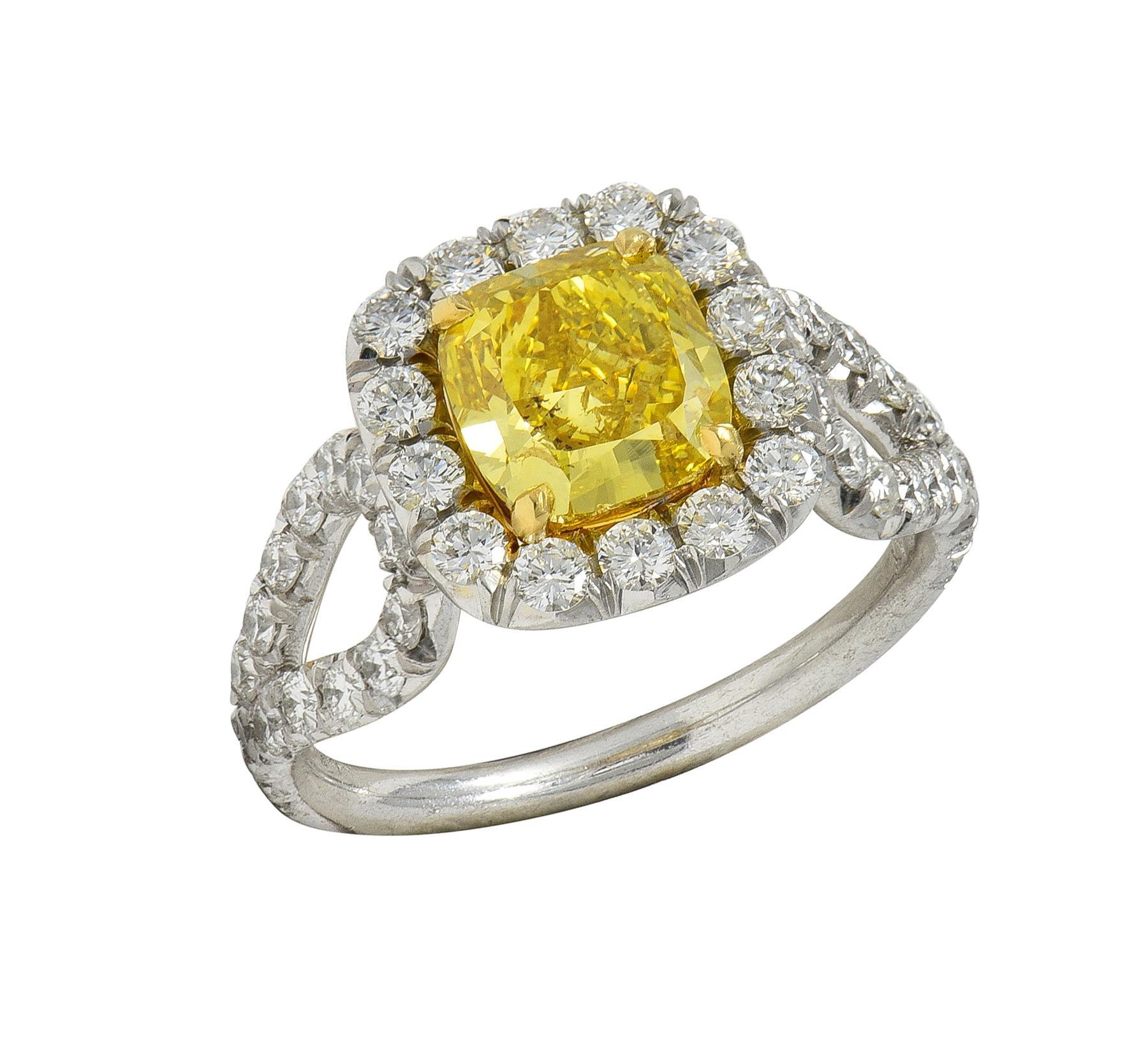 2.79 CTW Fancy Yellow Diamond Platinum 18K Gold Halo Engagement Ring GIA For Sale 6