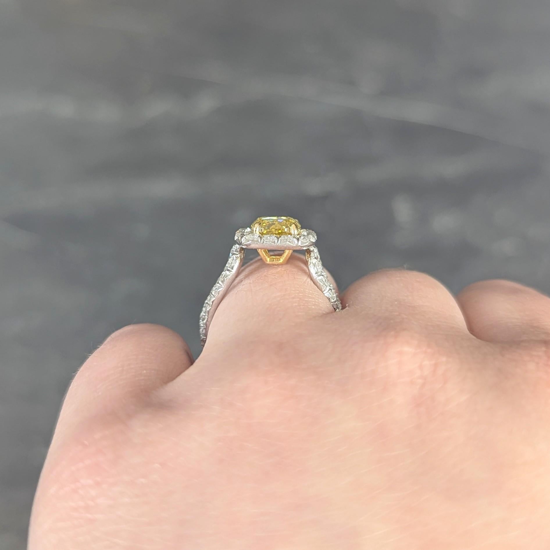 2.79 CTW Fancy Yellow Diamond Platinum 18K Gold Halo Engagement Ring GIA For Sale 8