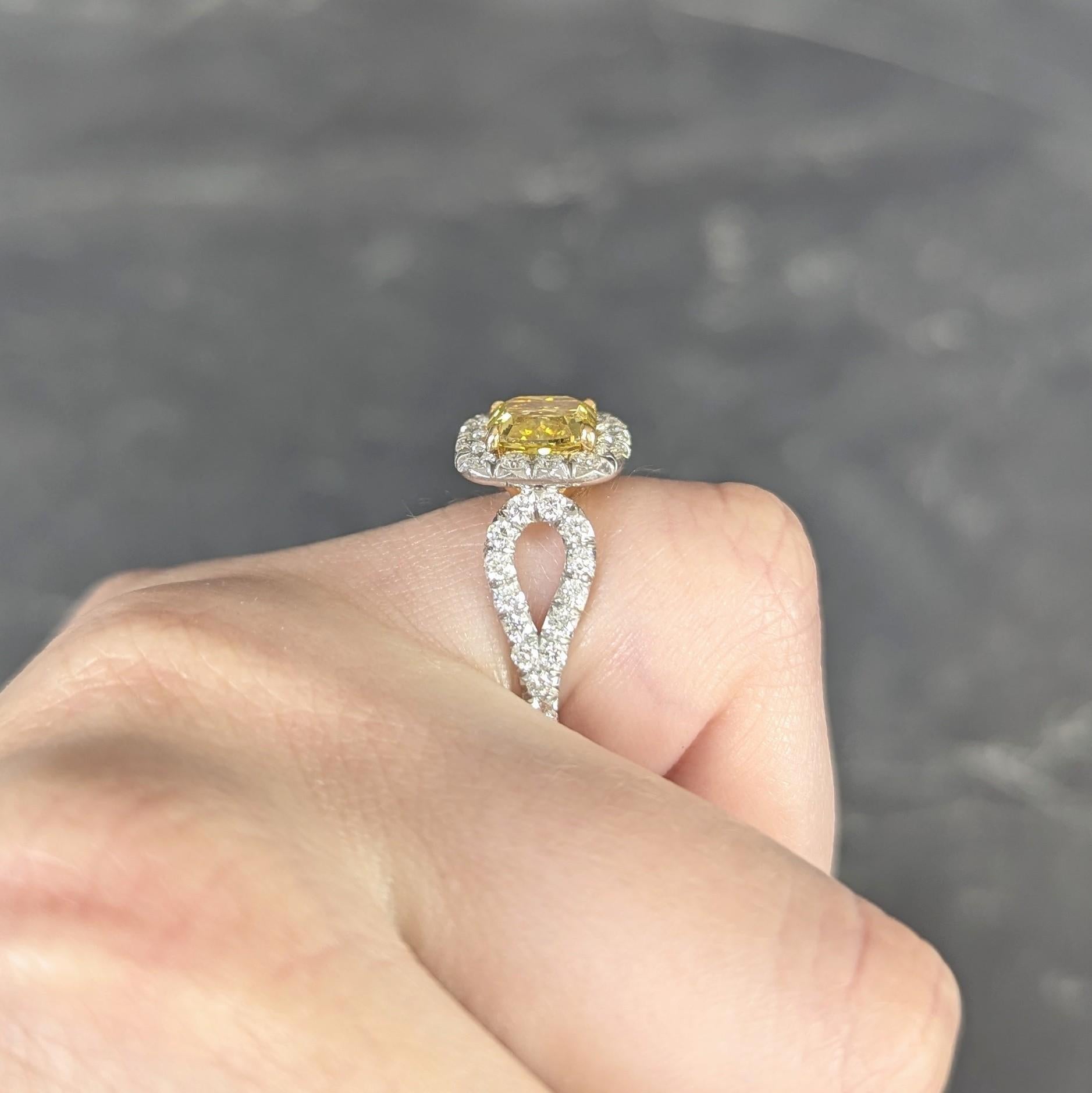 2.79 CTW Fancy Yellow Diamond Platinum 18K Gold Halo Engagement Ring GIA For Sale 9