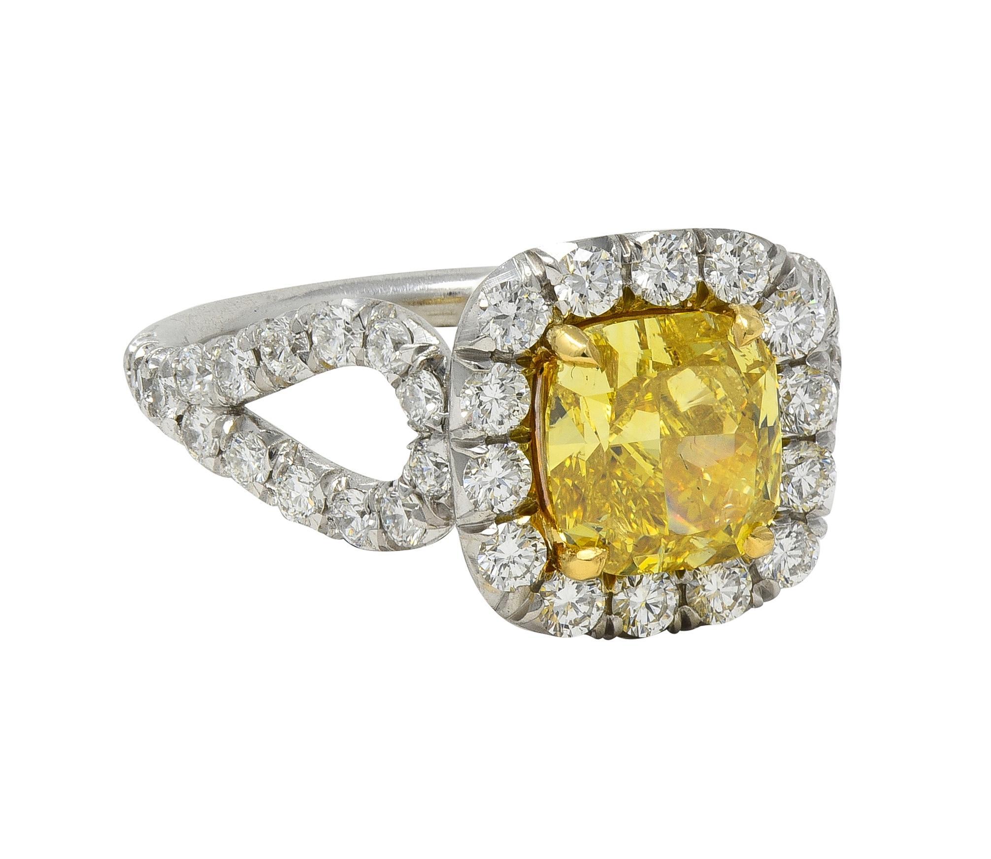Contemporary 2.79 CTW Fancy Yellow Diamond Platinum 18K Gold Halo Engagement Ring GIA For Sale