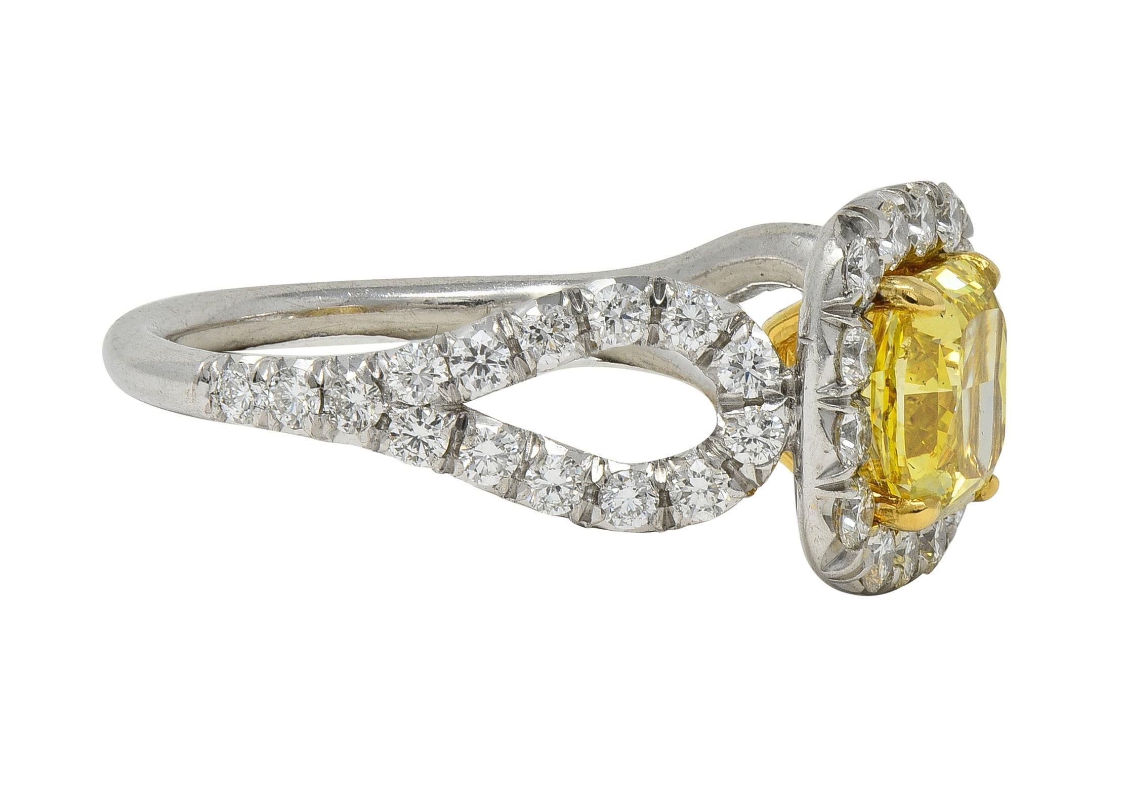 Cushion Cut 2.79 CTW Fancy Yellow Diamond Platinum 18K Gold Halo Engagement Ring GIA For Sale