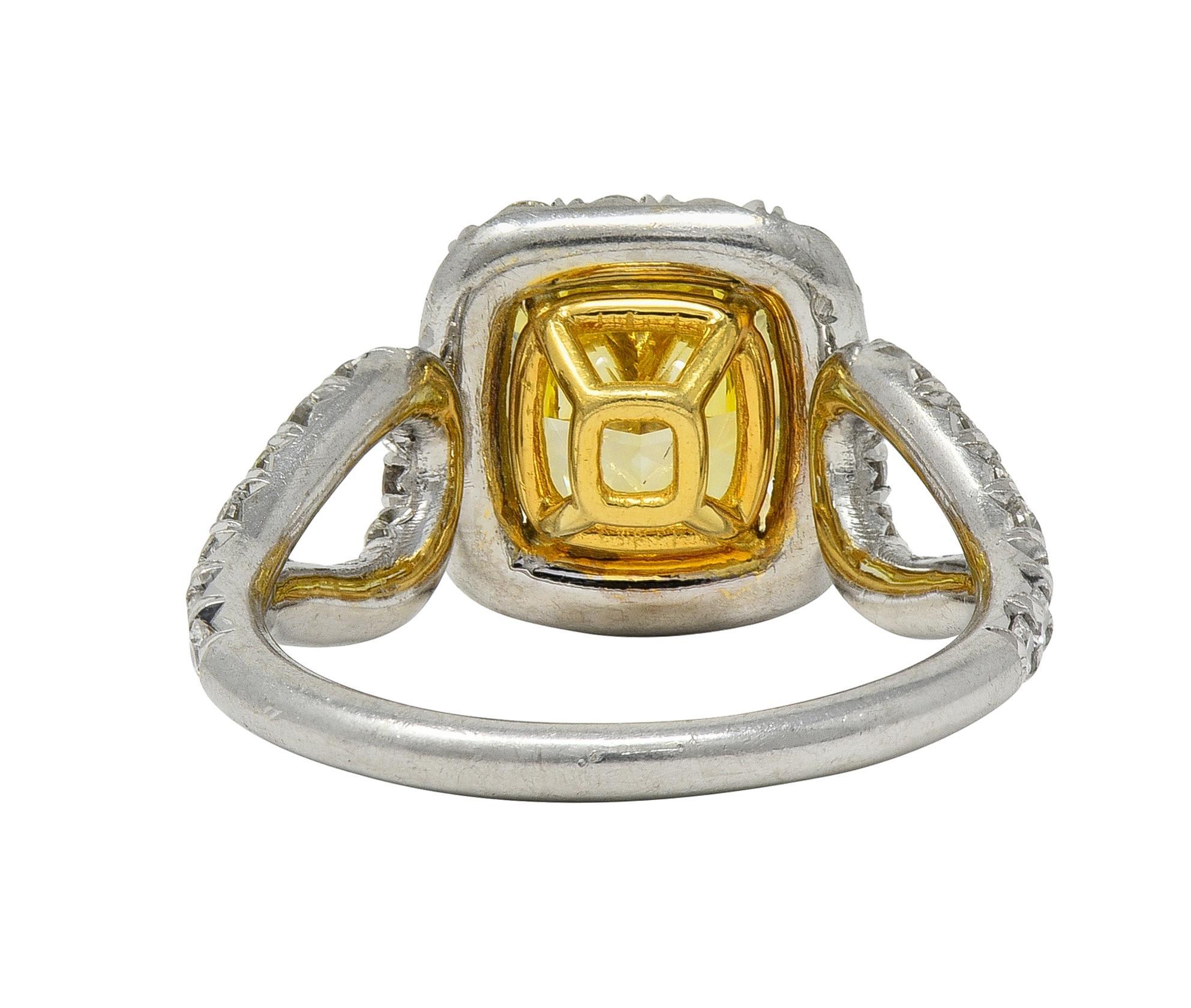 2.79 CTW Fancy Yellow Diamond Platinum 18K Gold Halo Engagement Ring GIA In Excellent Condition For Sale In Philadelphia, PA