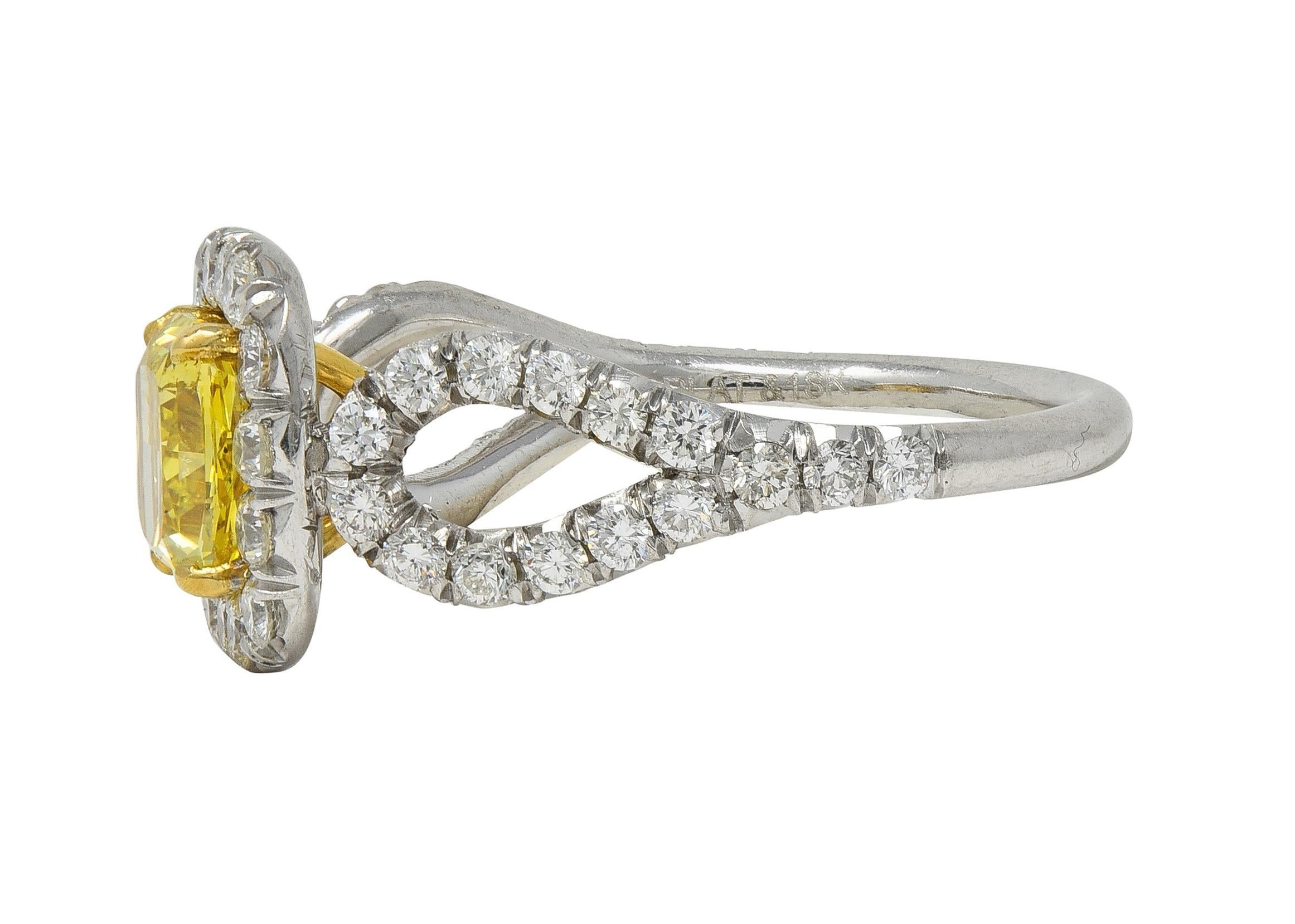 Women's or Men's 2.79 CTW Fancy Yellow Diamond Platinum 18K Gold Halo Engagement Ring GIA For Sale