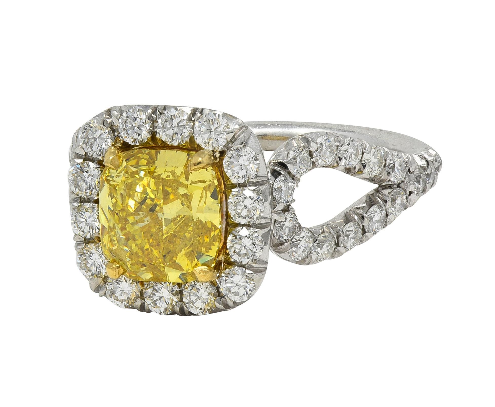 2.79 CTW Fancy Yellow Diamond Platinum 18K Gold Halo Engagement Ring GIA For Sale 1