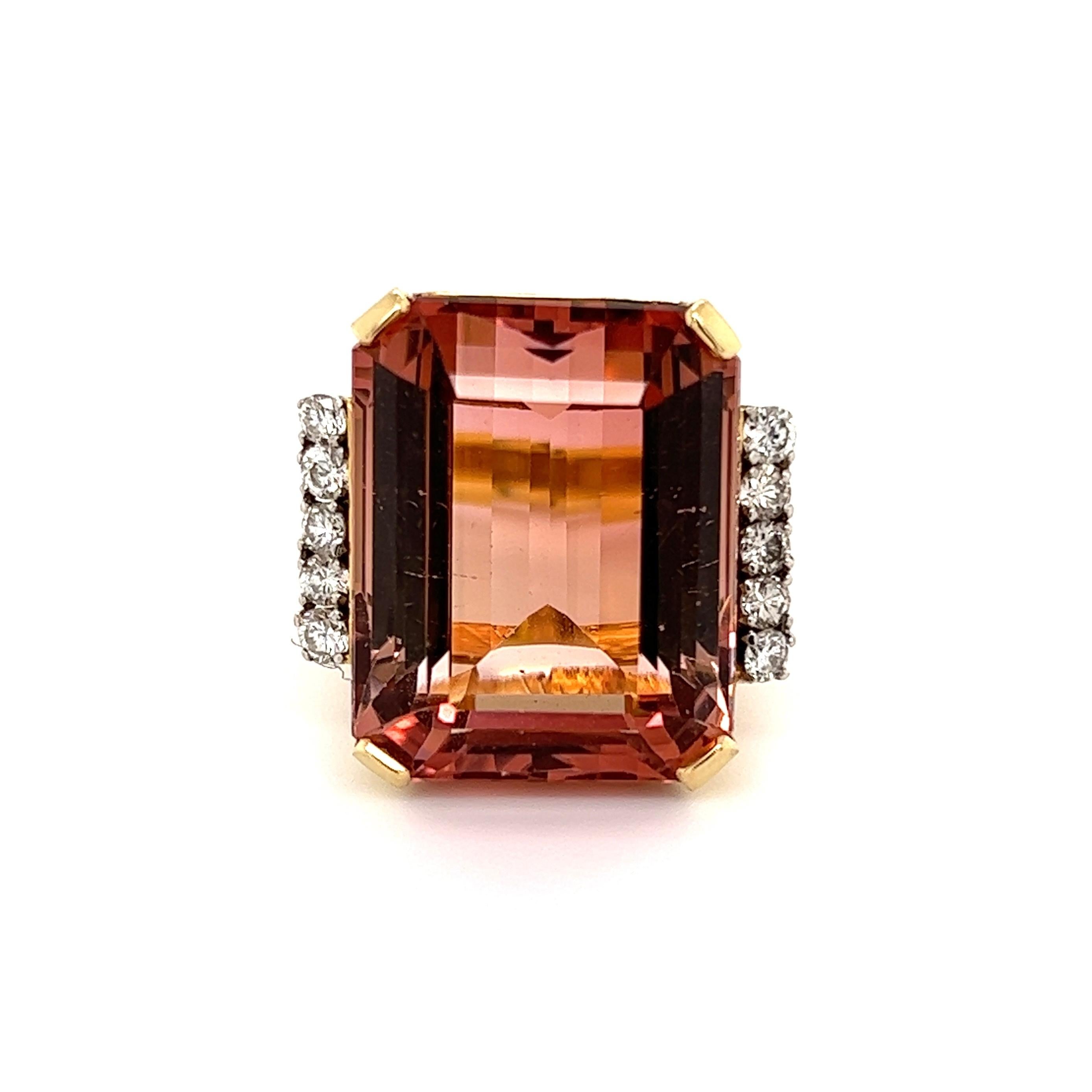Mixed Cut 27.90 Carat Peach Tourmaline and Diamond Gold Cocktail Ring Estate Fine Jewelry For Sale