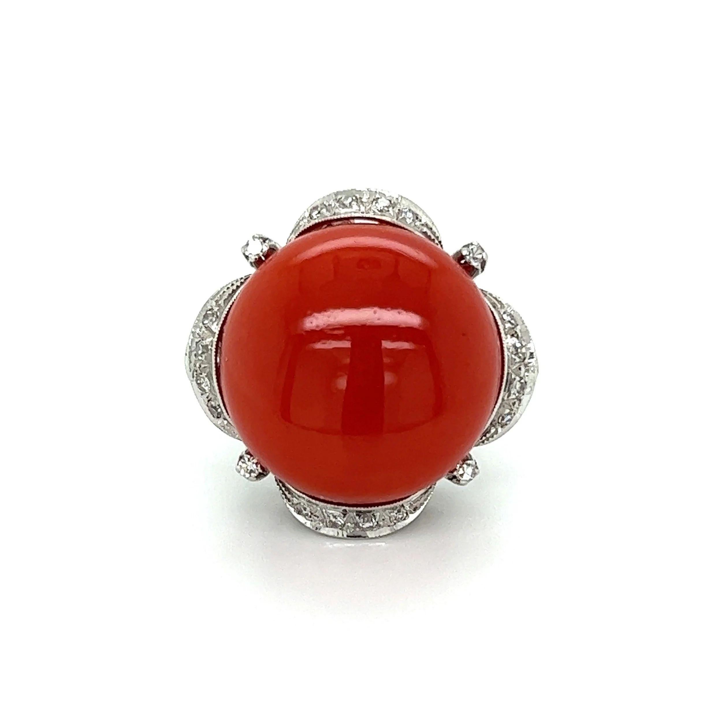 Art Deco 27.90 Carat Red Coral and Diamond Vintage Gold Ring Estate Fine Jewelry For Sale