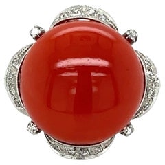 27.90 Carat Red Coral and Diamond Vintage Gold Ring Estate Fine Jewelry