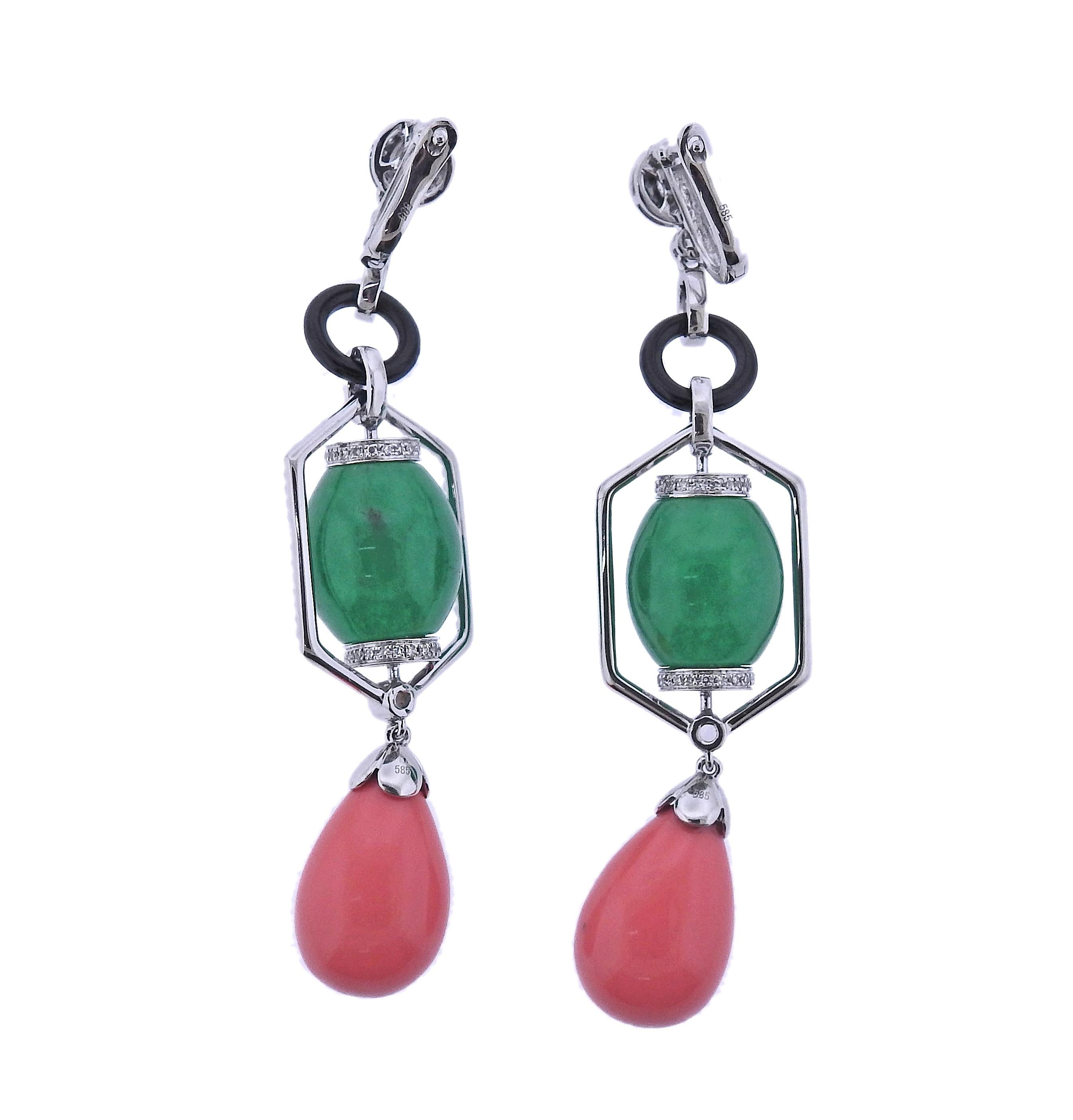 Pair of 14k gold long drop earrings, with 27.90ctw  jadeite jade, 15.64ctw coral, onyx and 0.79ctw in diamonds. Earrings are 72mm long. Marked 585. Weight - 21.1 grams.