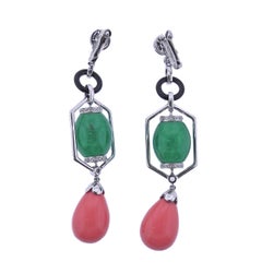 27.90ctw Jadeite Jade Coral Diamond Onyx Gold Drop Earrings