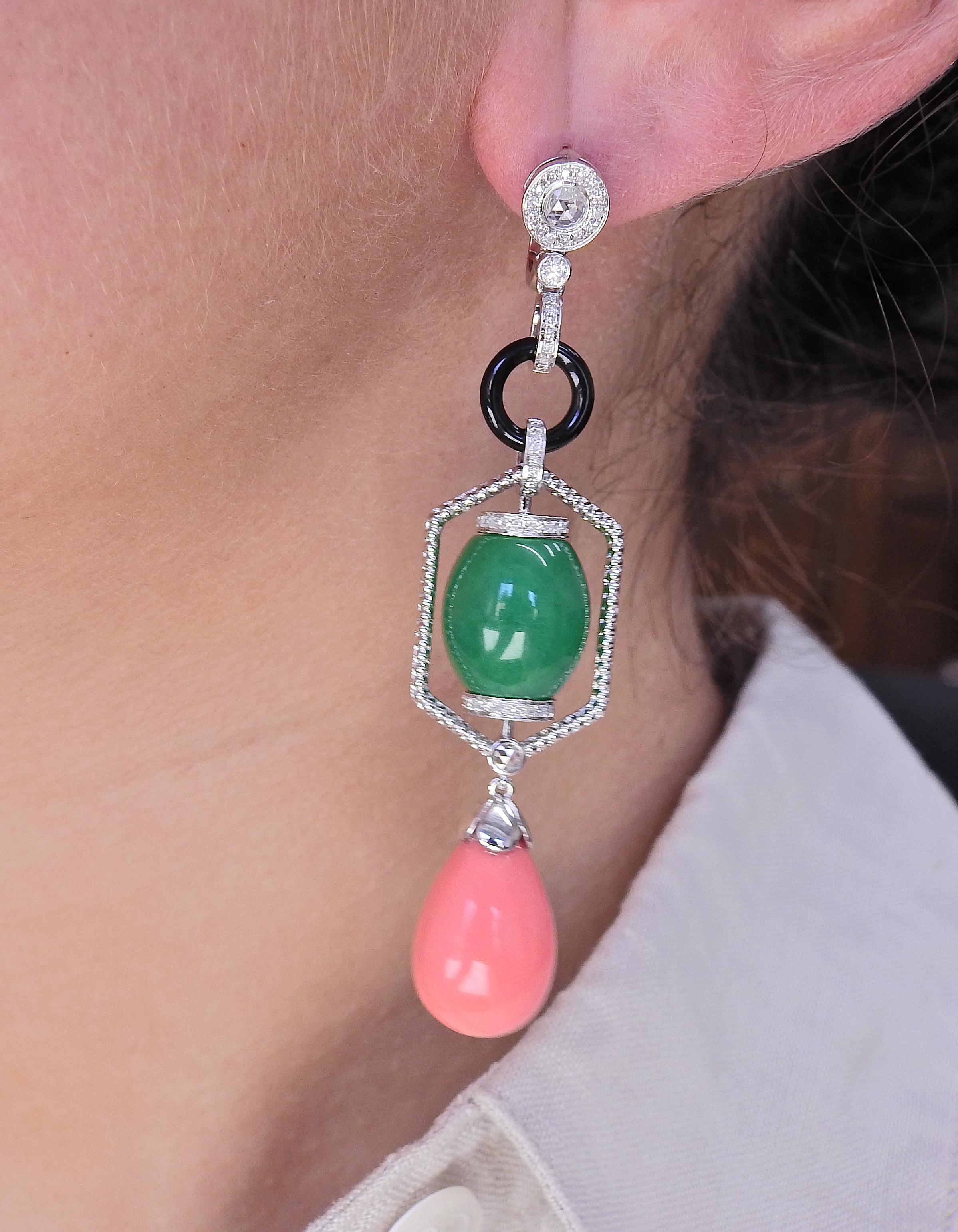 27.90ctw Jadeite Jade Coral Diamond Onyx Gold Drop Earrings In Excellent Condition For Sale In New York, NY