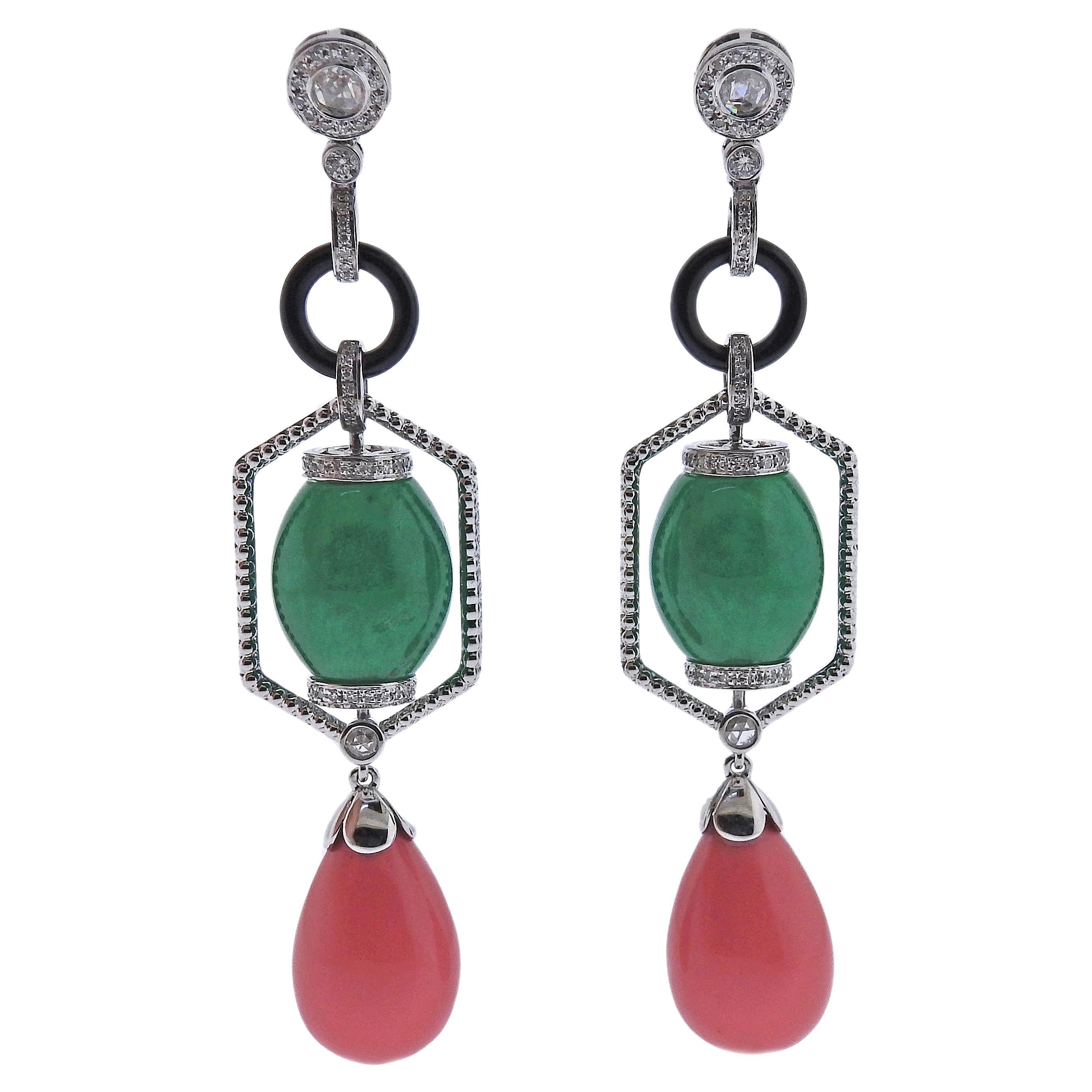 27.90ctw Jadeite Jade Coral Diamond Onyx Gold Drop Earrings For Sale