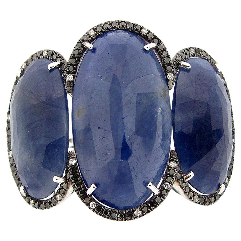 27.91 Rose Cut Sapphire and Diamond Three Stone Ring