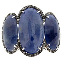 27.91 Rose Cut Sapphire and Diamond Three Stone Ring