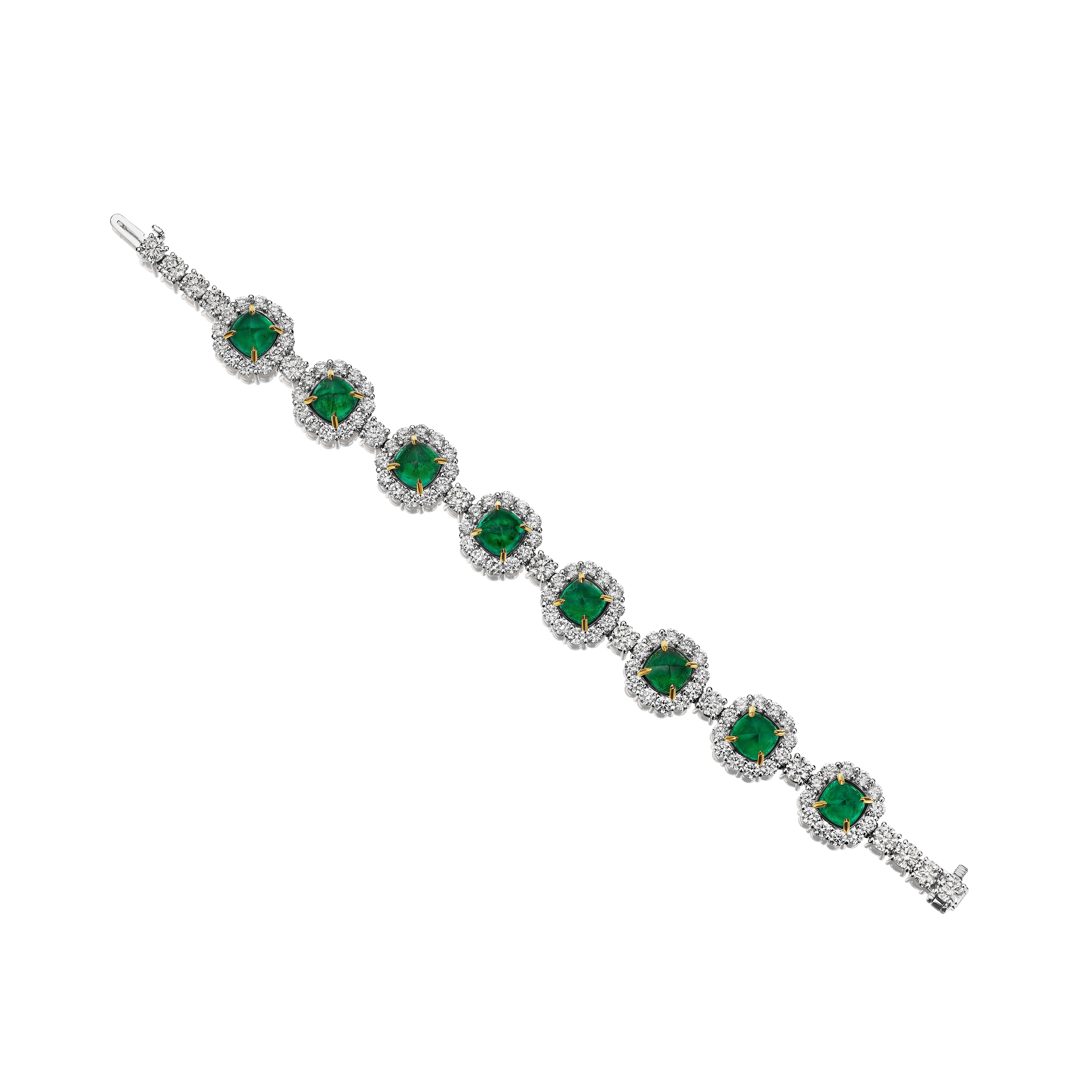 Modern 27.91ct Sugarloaf Emerald & Diamond Bracelet in 18KT Gold For Sale