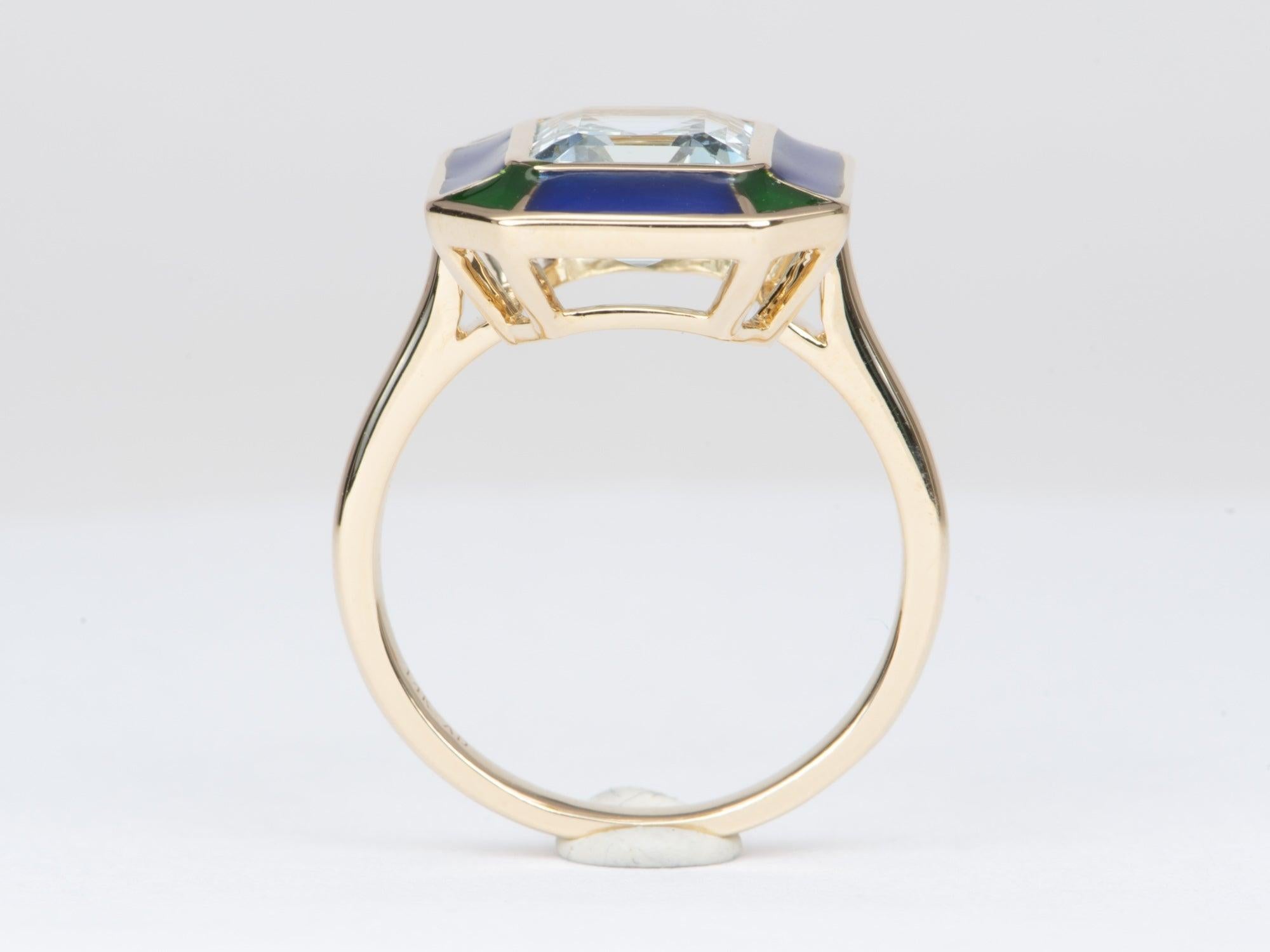Uncut 2.79ct Aquamarine Bezel Set with Blue Green Enamel 14K Gold Statement Ring R6552 For Sale