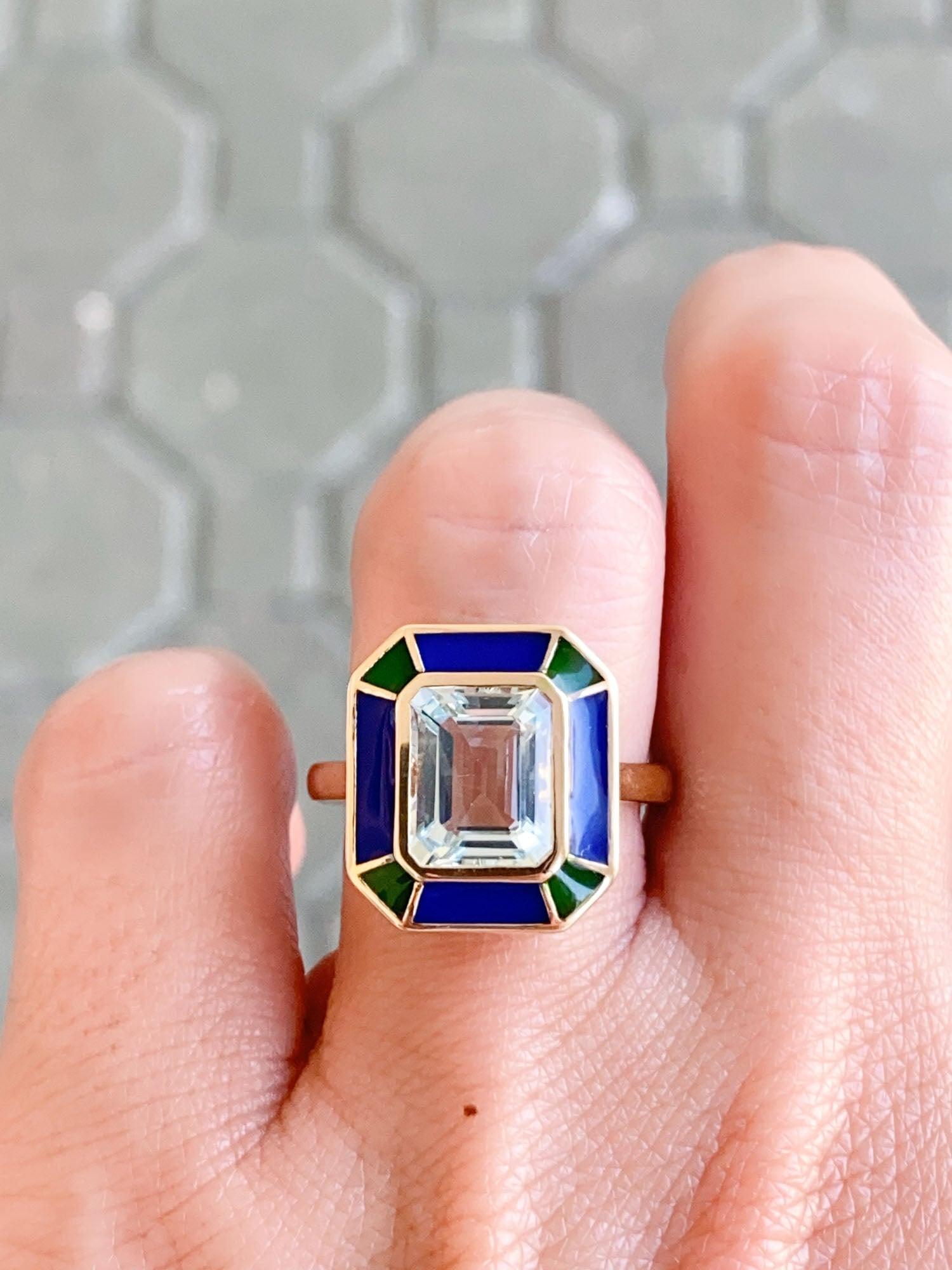 2.79ct Aquamarine Bezel Set with Blue Green Enamel 14K Gold Statement Ring R6552 In New Condition For Sale In Osprey, FL