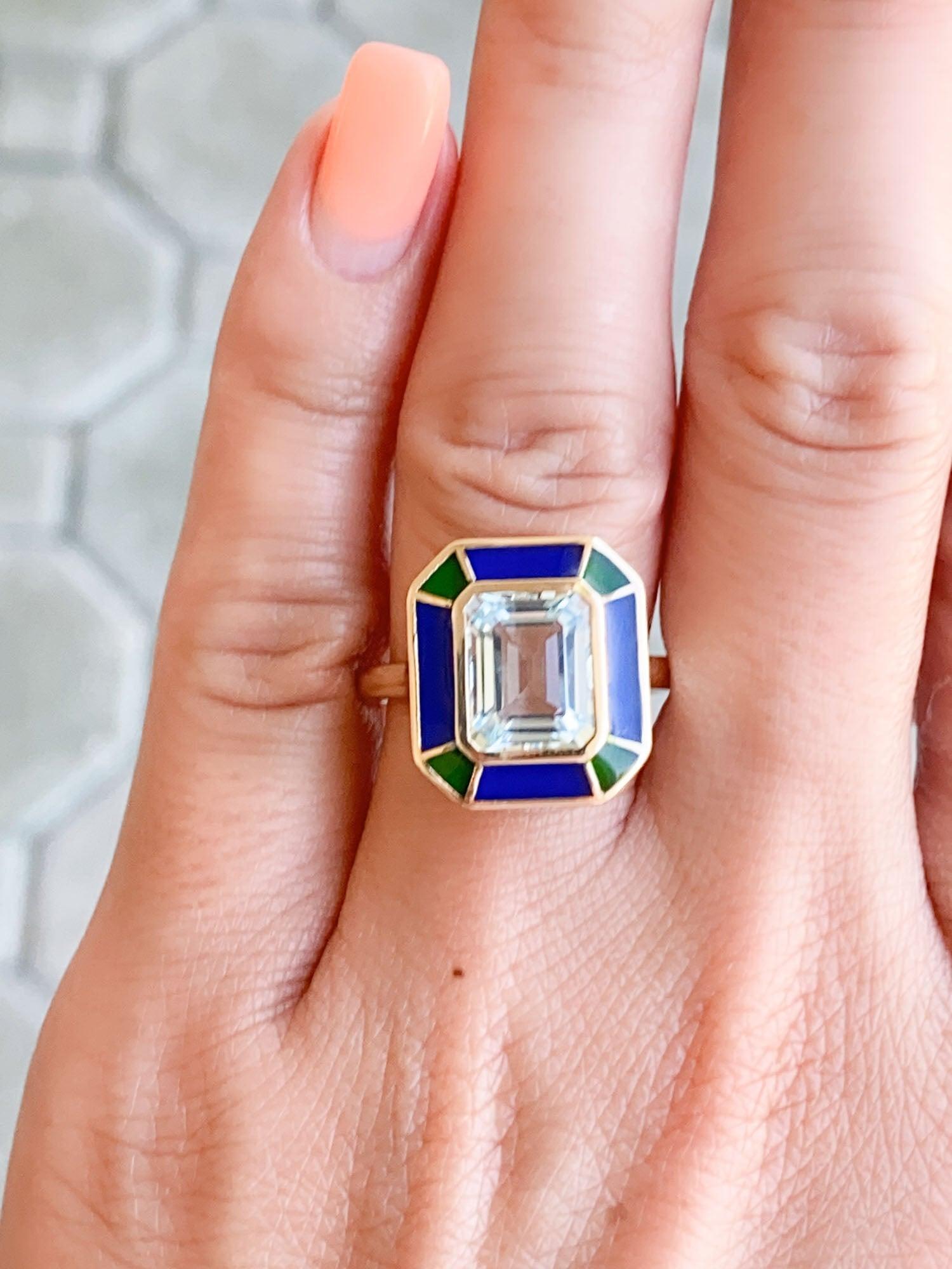 2.79ct Aquamarine Bezel Set with Blue Green Enamel 14K Gold Statement Ring R6552 For Sale 1