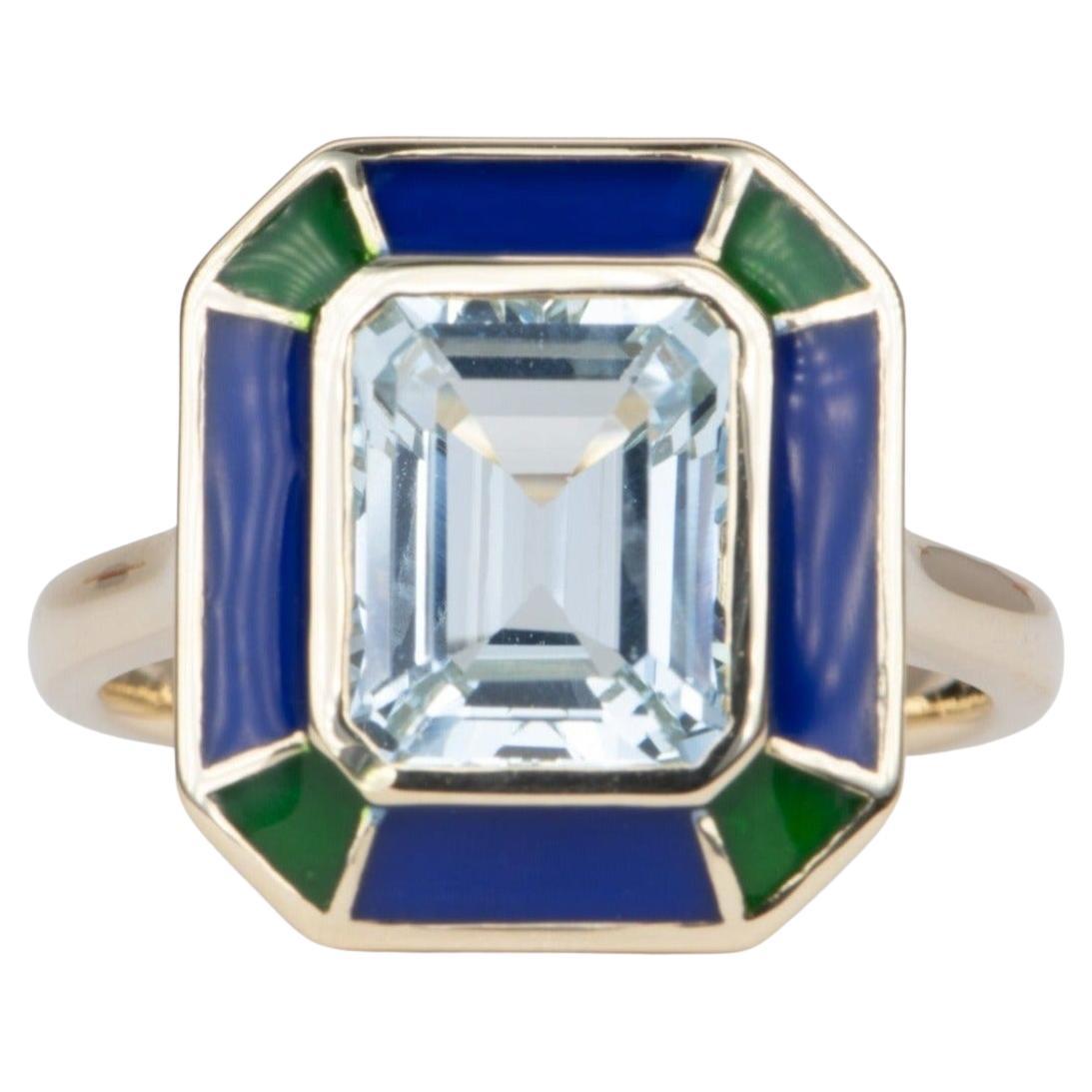 2.79ct Aquamarine Bezel Set with Blue Green Enamel 14K Gold Statement Ring R6552