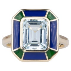 2.79ct Aquamarine Bezel Set with Blue Green Enamel 14K Gold Statement Ring R6552