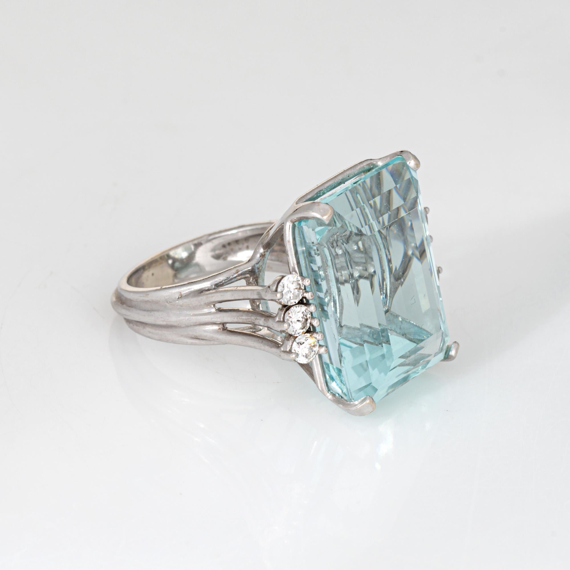 Modern 27ct Aquamarine Ring 14k White Gold Sz 6.5 Cocktail Emerald Cut Fine Jewelry For Sale