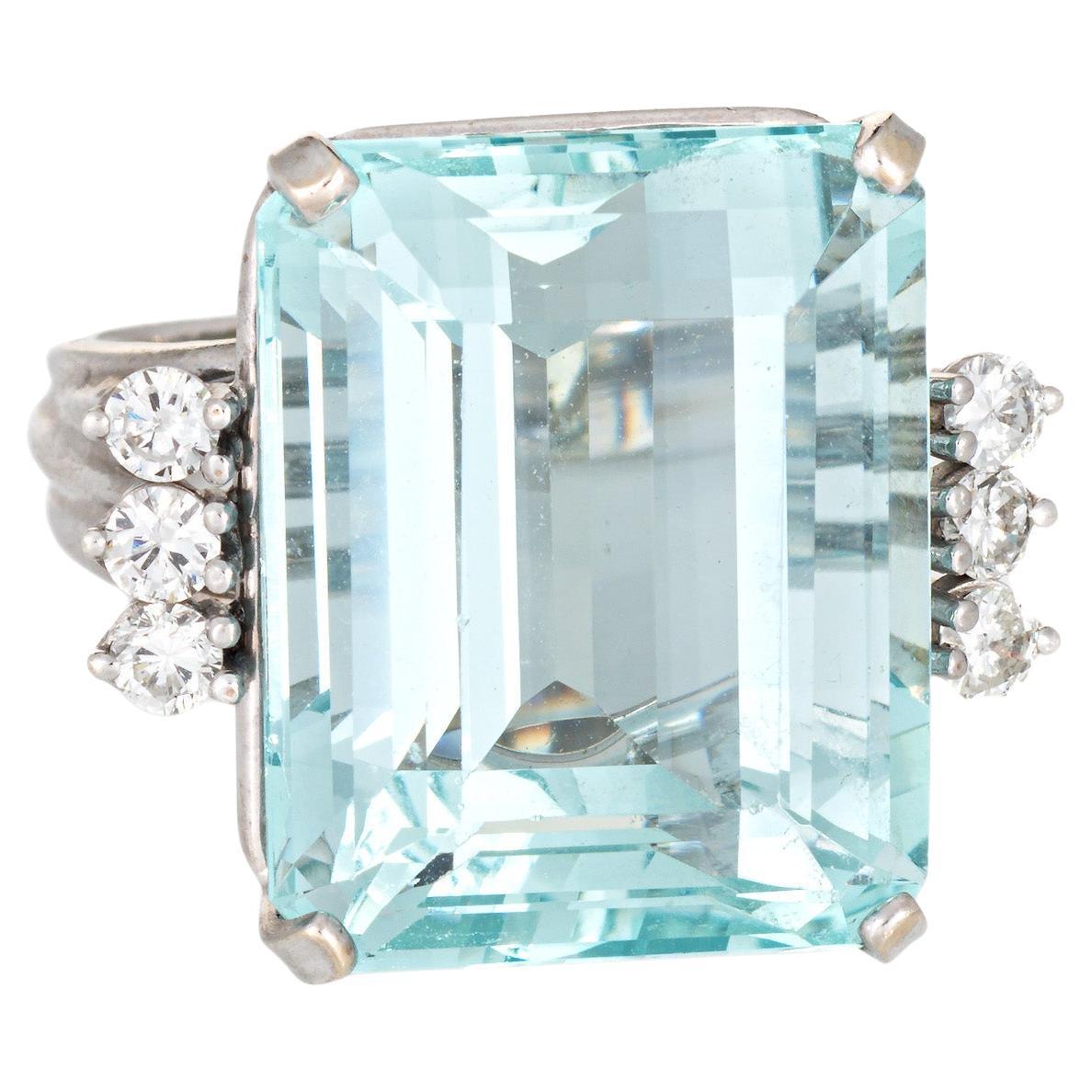 Anello con acquamarina 27ct in oro bianco 14k Sz 6.5 Cocktail taglio smeraldo Gioielli di pregio