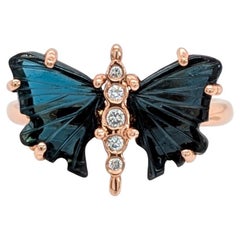 2.7ct Indicolite Tourmaline Butterfly Ring w Diamond Accents in Solid 14K Gold