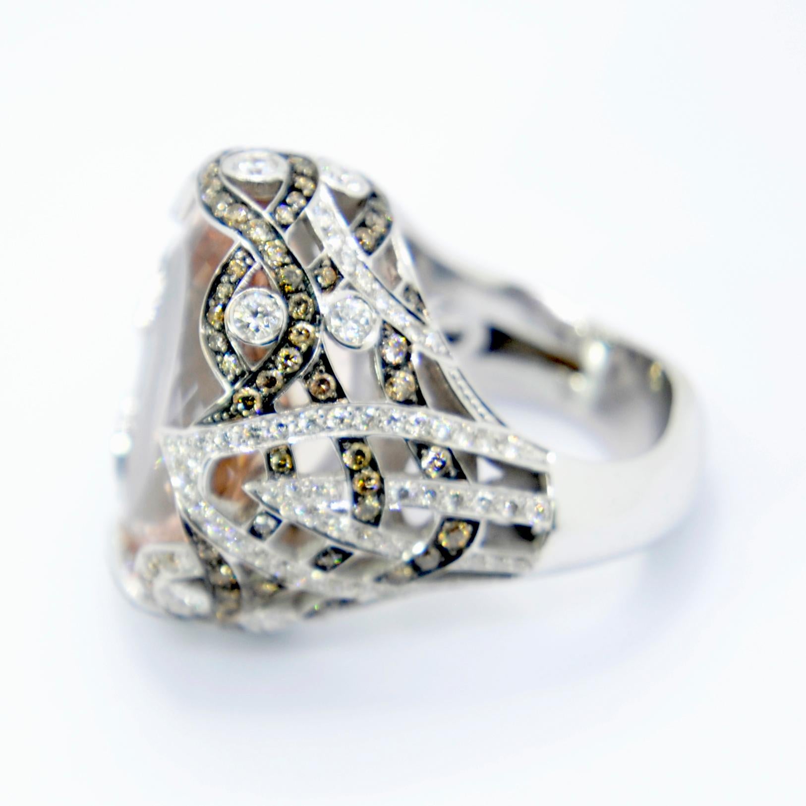 Contemporary 27ct Morganite cocktail  Ring in 18kt gold and champagne and white diamonds