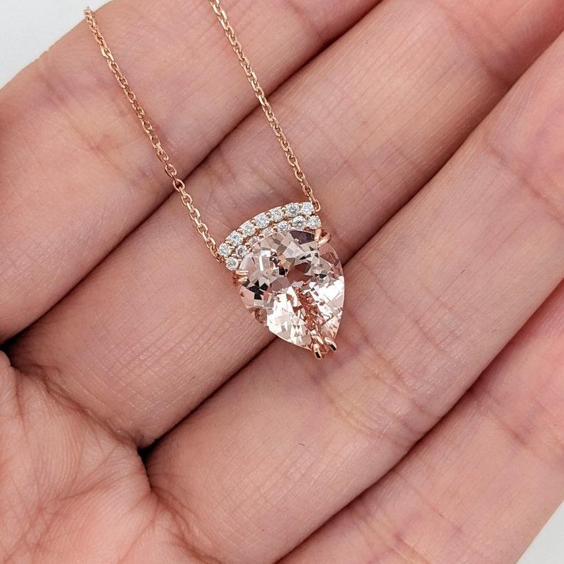 Modern 2.7ct Morganite Pendant Necklace w Earth Mined Diamonds in Solid 14K Rose Gold For Sale