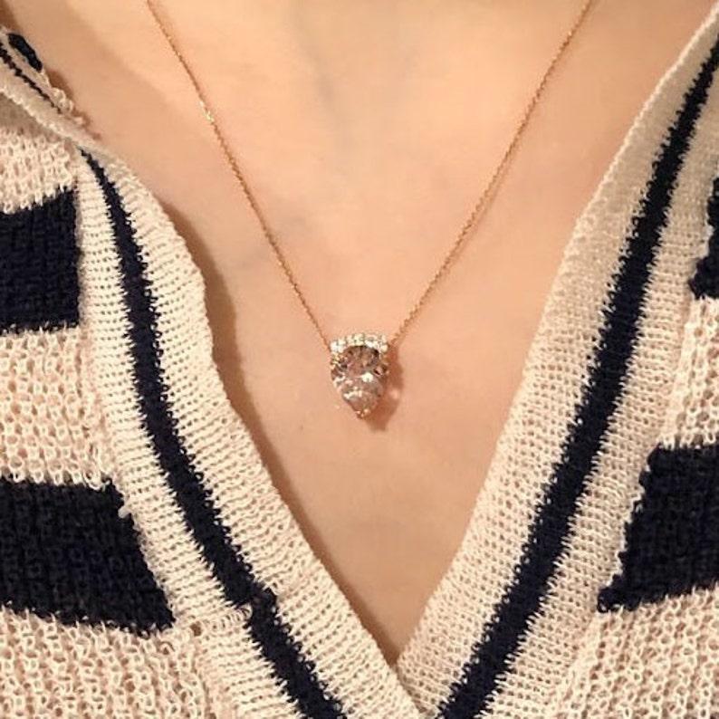 Pear Cut 2.7ct Morganite Pendant Necklace w Earth Mined Diamonds in Solid 14K Rose Gold For Sale