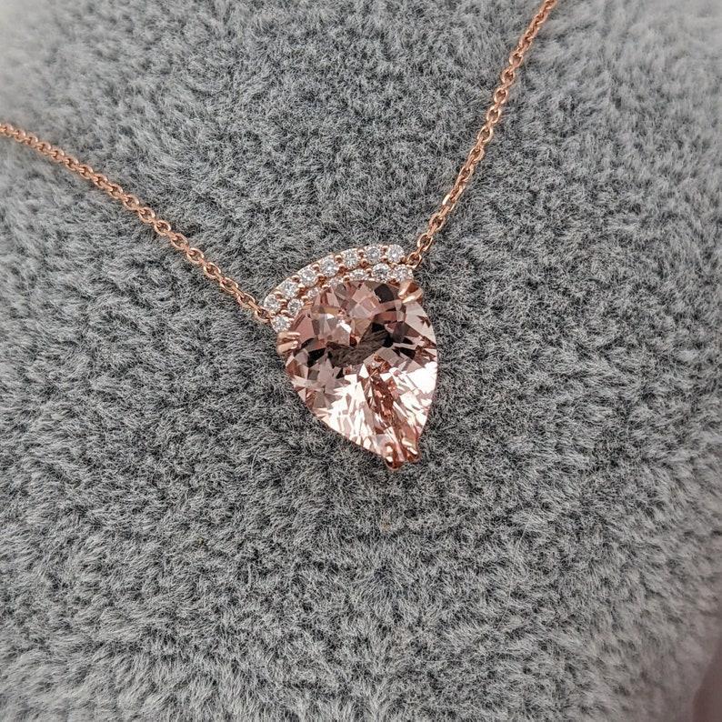 Women's 2.7ct Morganite Pendant Necklace w Earth Mined Diamonds in Solid 14K Rose Gold For Sale
