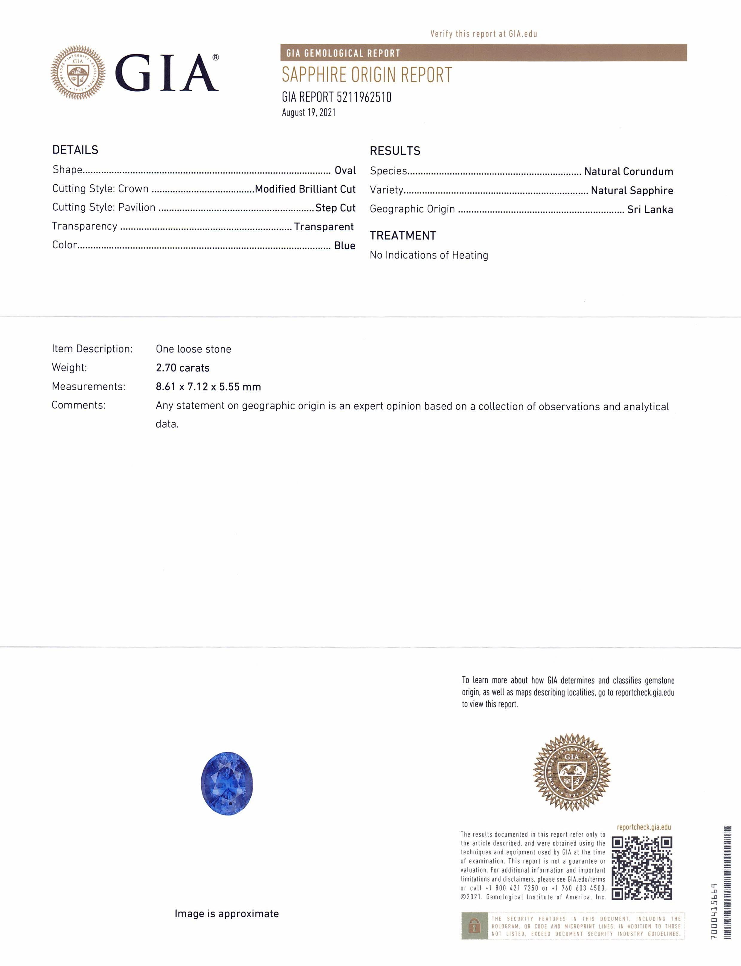 2.7ct Oval Vivid Blue Sapphire GIA Certified Sri Lanka Unheated Unisexe en vente